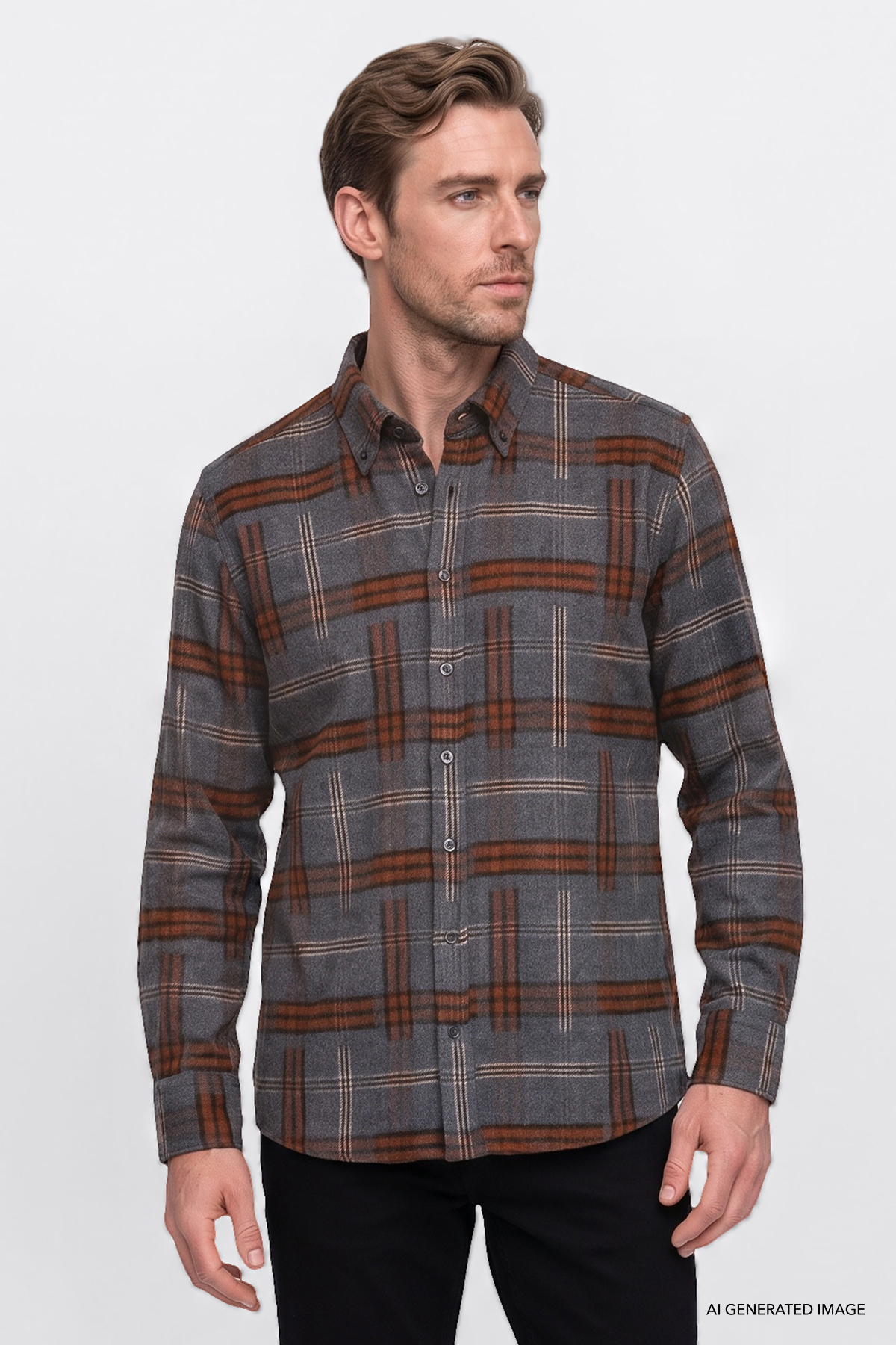Erkek Antrasit-Bordo Oversize Fit Bol Kesim Gizli Düğmeli Yaka Ekose Desenli Flanel Gömlek — خاکستری ETE201271123 — تصویر 2 از 5