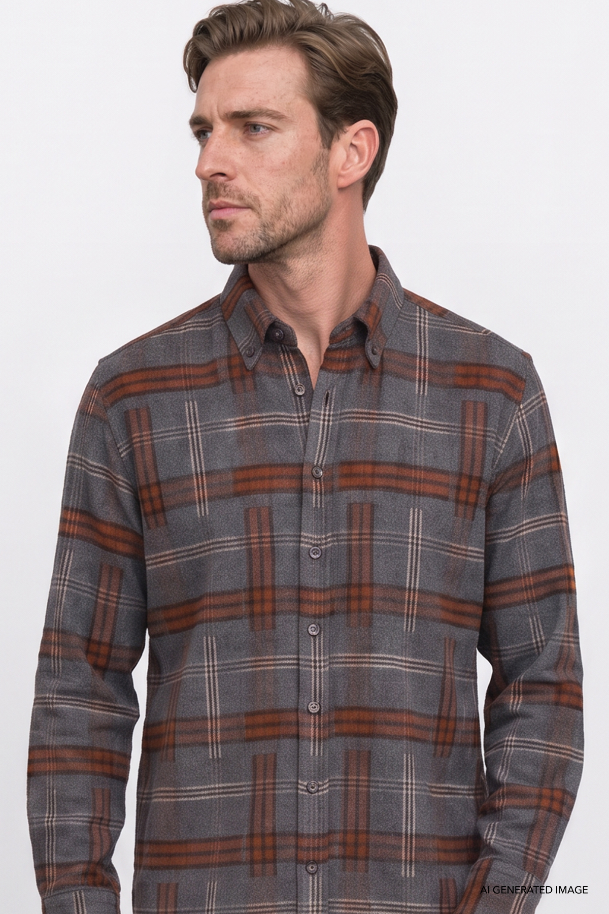 Erkek Antrasit-Bordo Oversize Fit Bol Kesim Gizli Düğmeli Yaka Ekose Desenli Flanel Gömlek — خاکستری ETE201271123 — تصویر 4 از 5