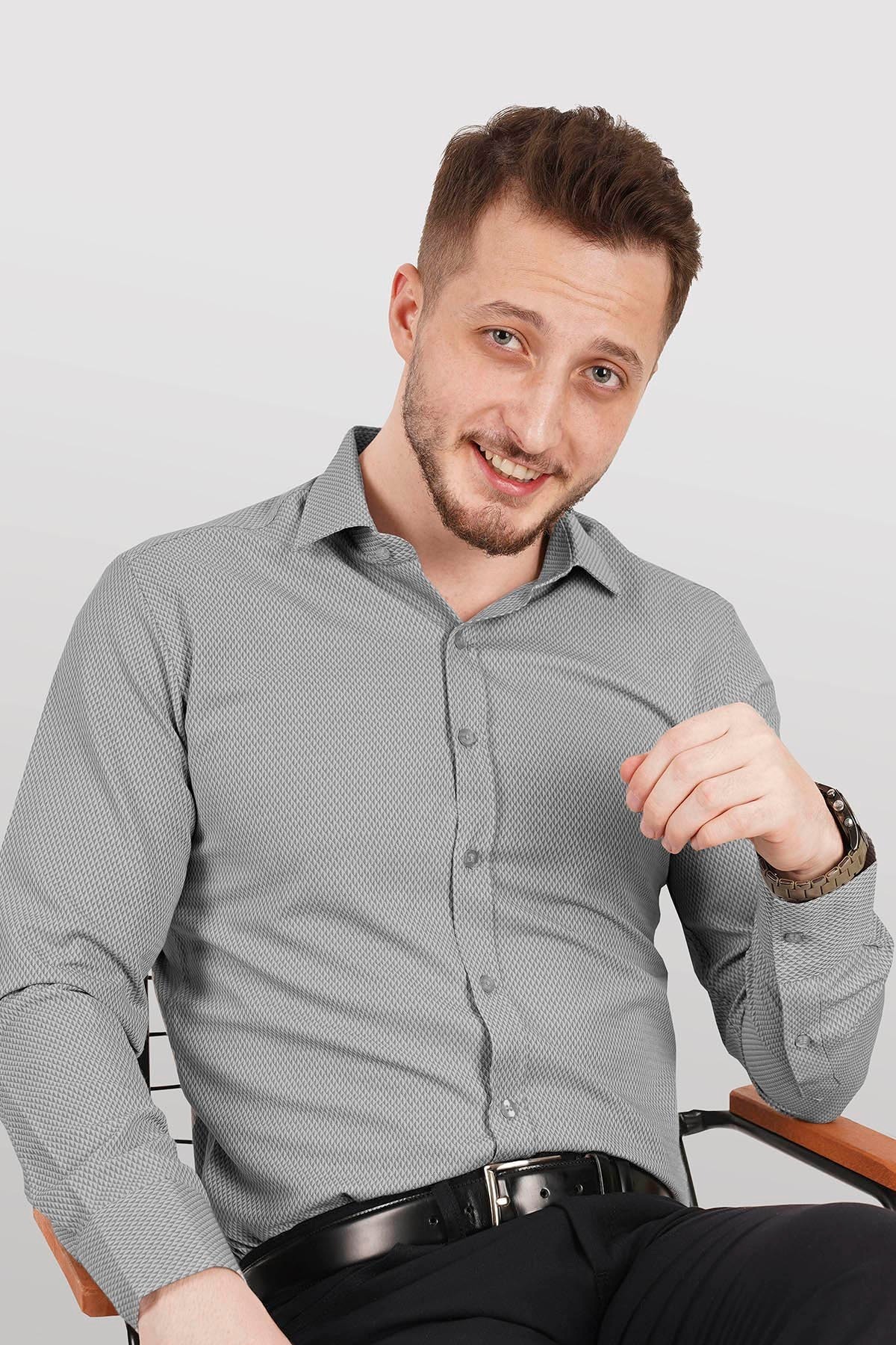 Gri Desenli Slimfit Gömlek — خاکستری 902 — تصویر 2 از 5