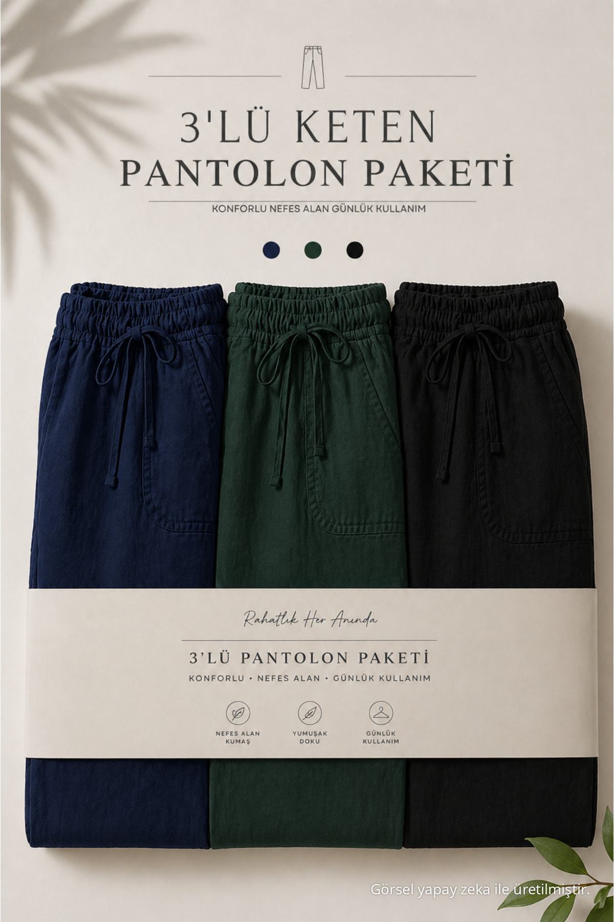 3 Adet Erkek Premium Yazlık Jogger Keten Pantolon — رنگارنگ Paket-1-35338DMJG