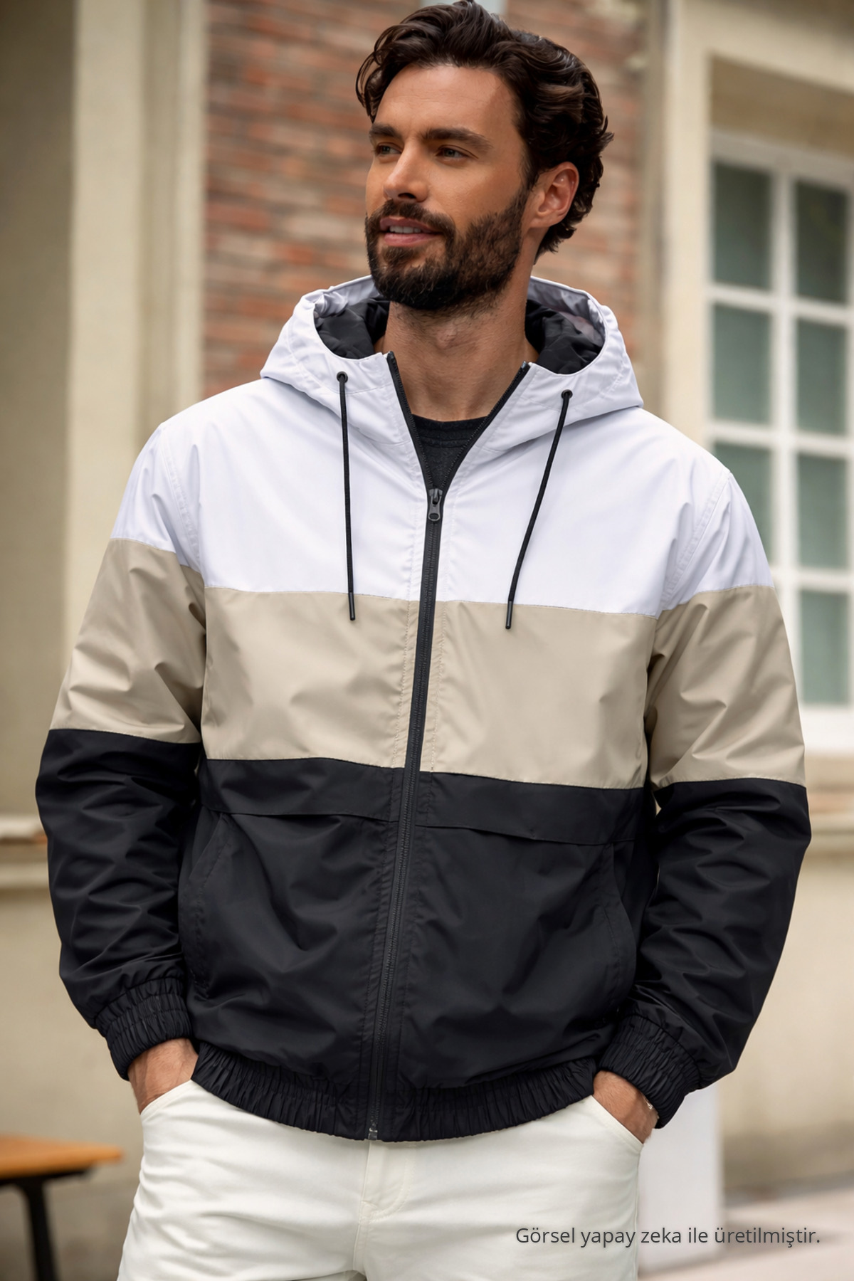 Erkek Comfort Fit Desenli Salaş Bej Yağmurluk & Rüzgarlık — بژ Ayna-5-82501DMJG