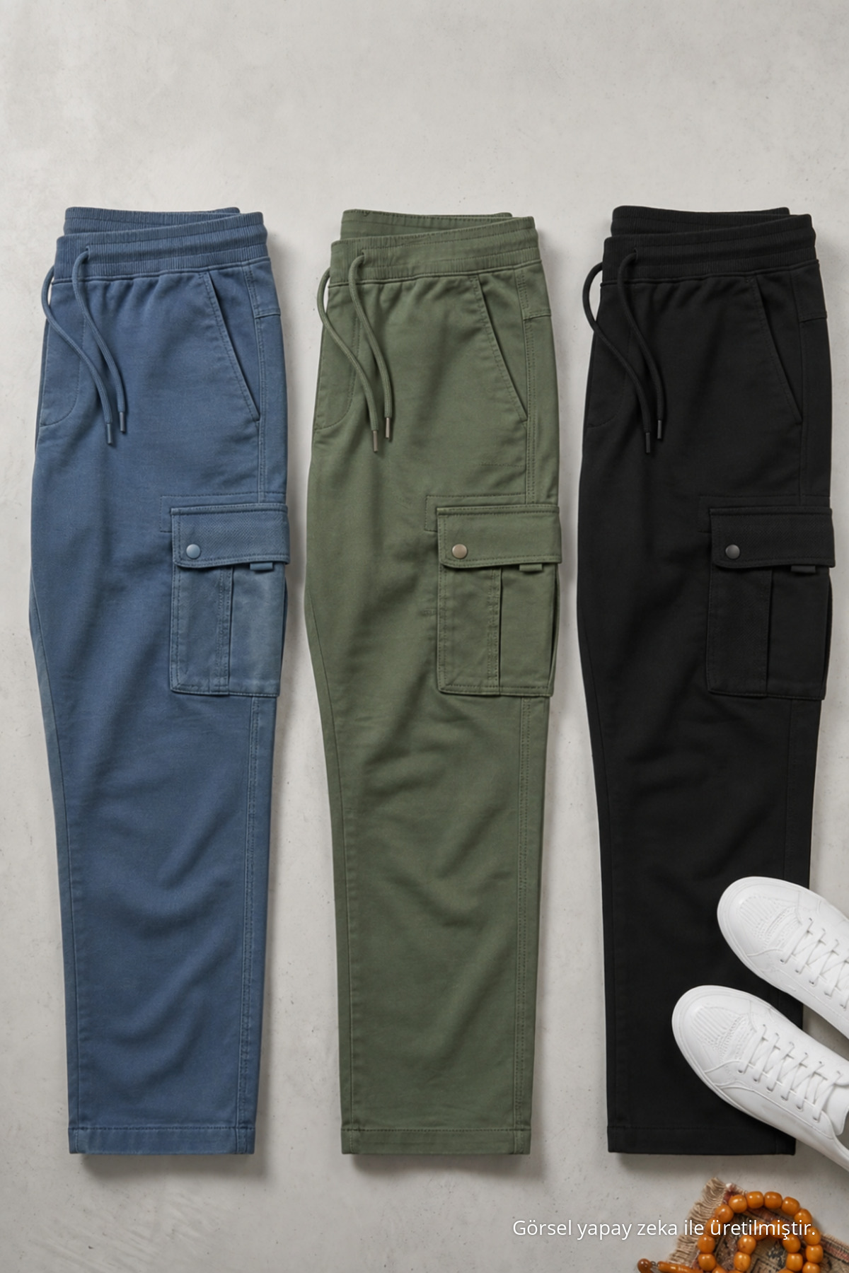 Erkek Beli Lastikli 3 Lü Kargo Keten Pantolon — رنگارنگ 3-Lu-30701DMJG-1