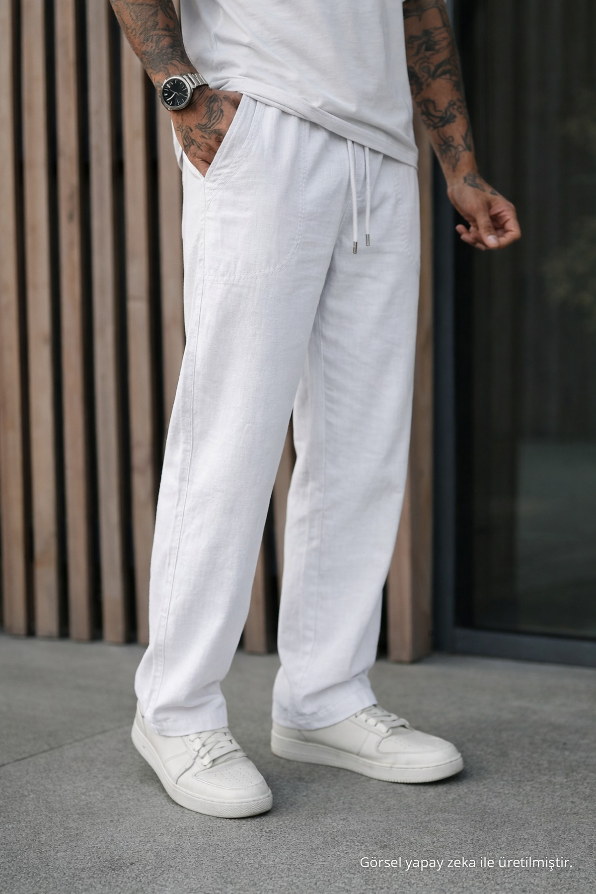 Erkek Premium Jogger Relax Fit Beyaz Keten Pantolon — سفید Ayna-9-35338DMJG