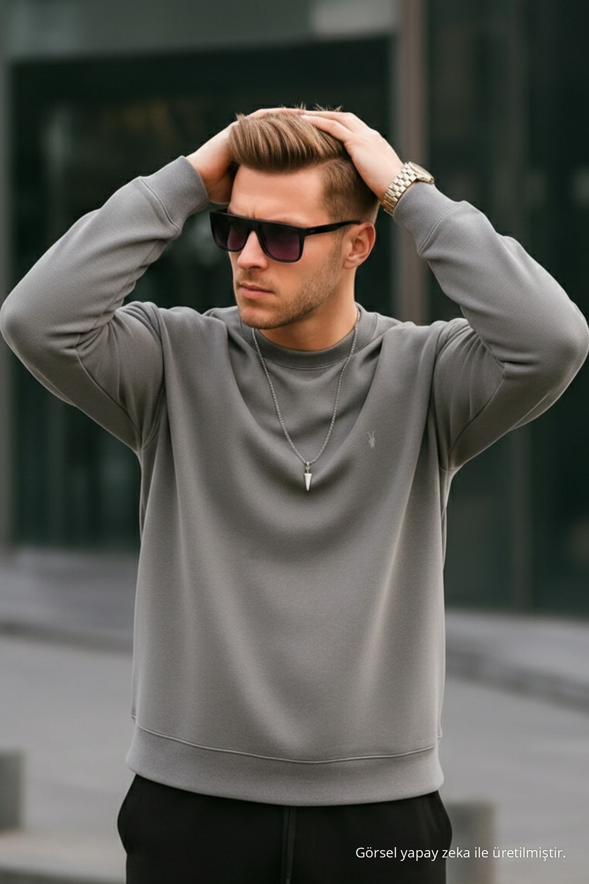 Gri Renk Basic Bisiklet Yaka Relaxed Regular Erkek Sweatshirt — خاکستری 1210BSC — تصویر 3 از 7
