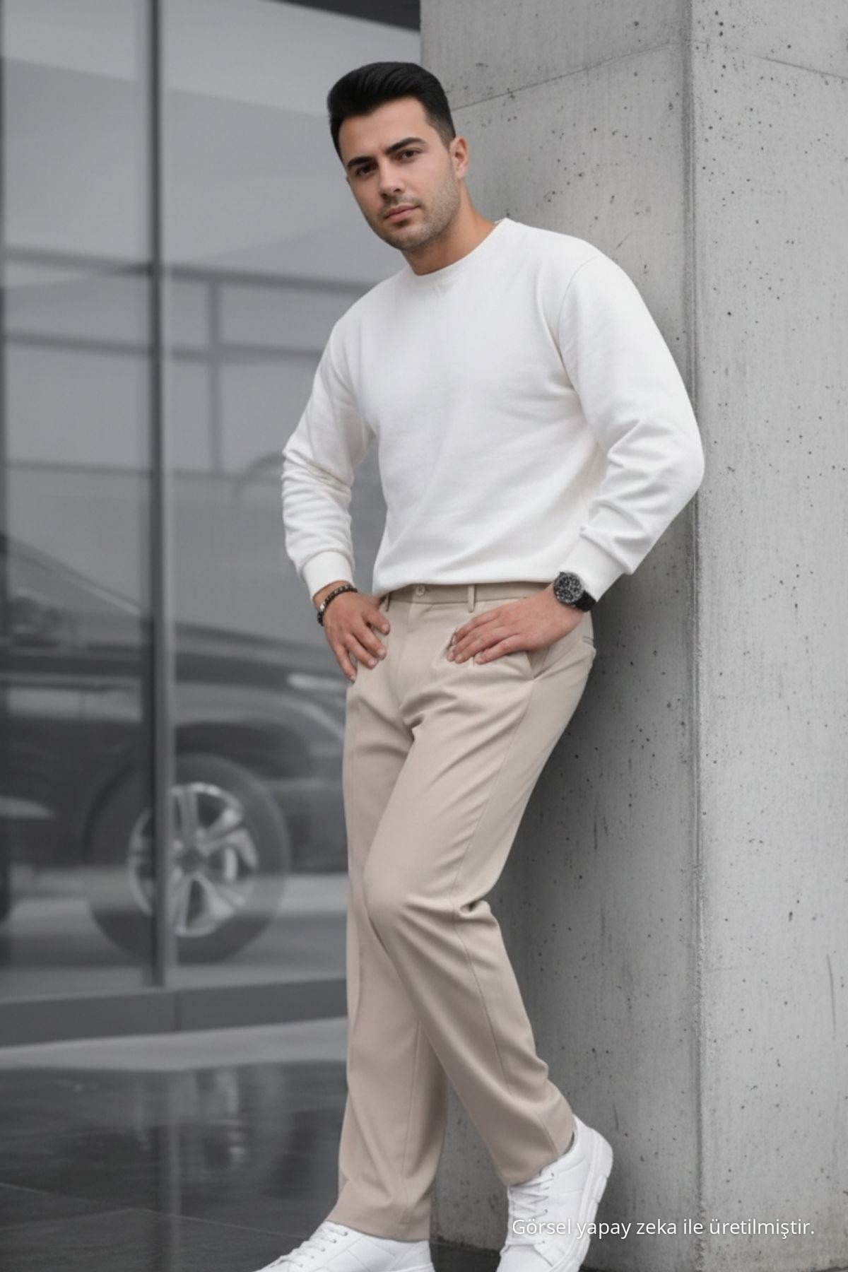 Erkek Çift Pileli Salaş Krem Baggy Pantolon — کرم 73494CMBN-3 — تصویر 4 از 7