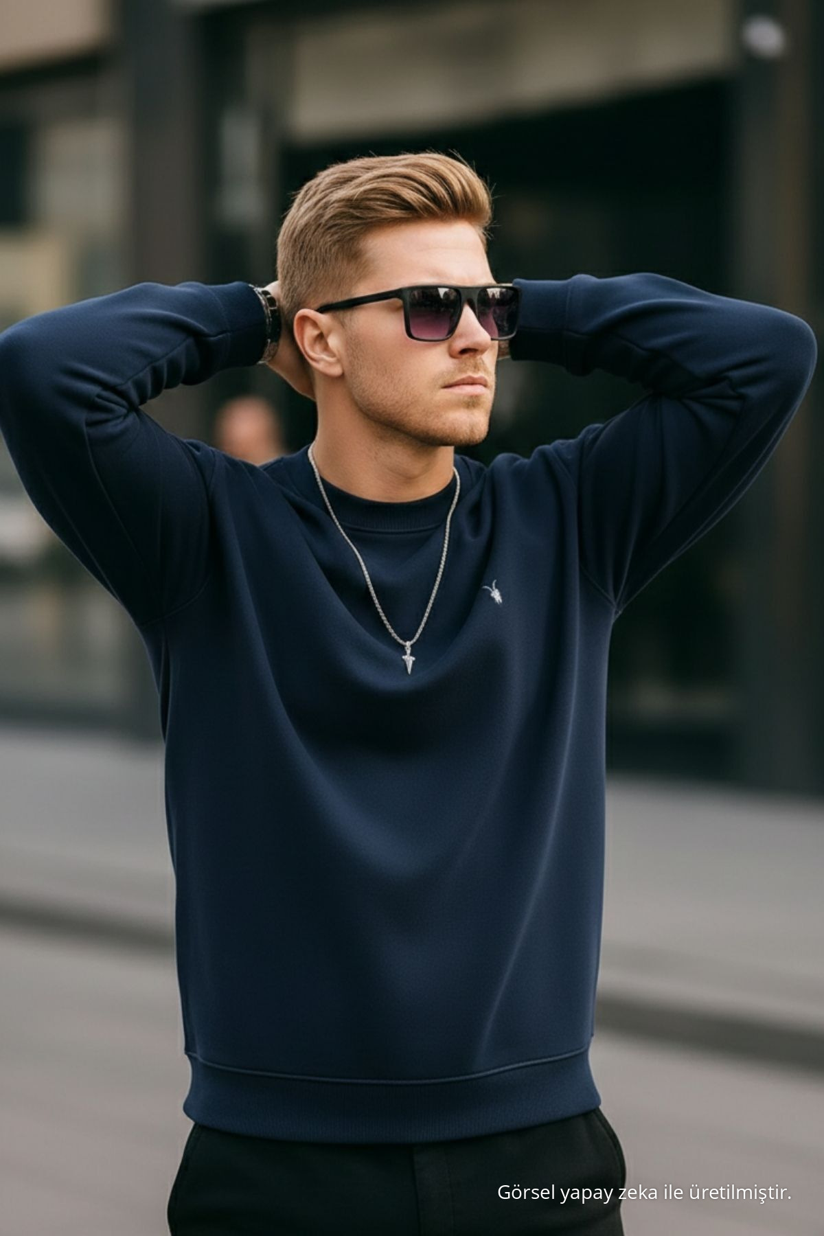 Lacivert Renk Basic Bisiklet Yaka Relaxed Regular Erkek Sweatshirt — سرمه‌ای 1210BSC — تصویر 3 از 7