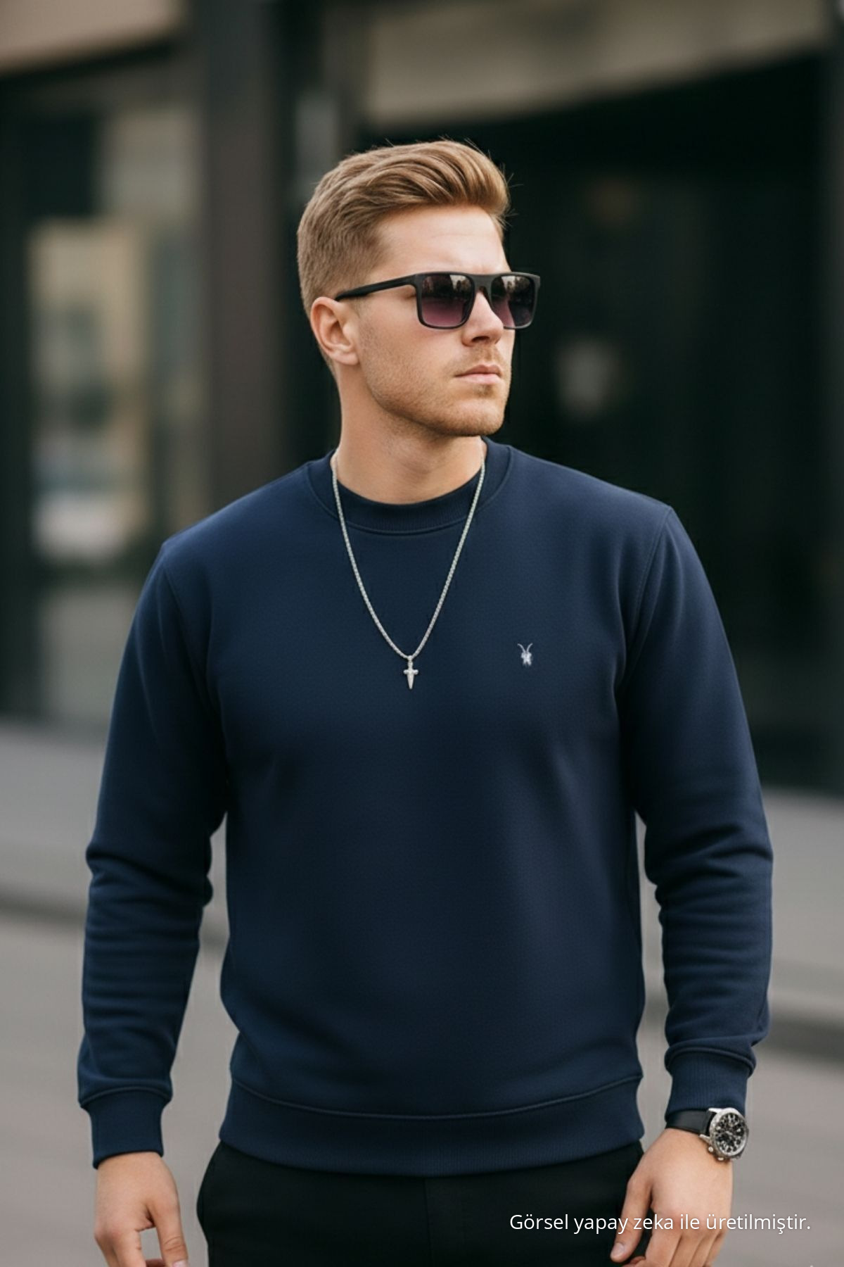 Lacivert Renk Basic Bisiklet Yaka Relaxed Regular Erkek Sweatshirt — سرمه‌ای 1210BSC — تصویر 5 از 7