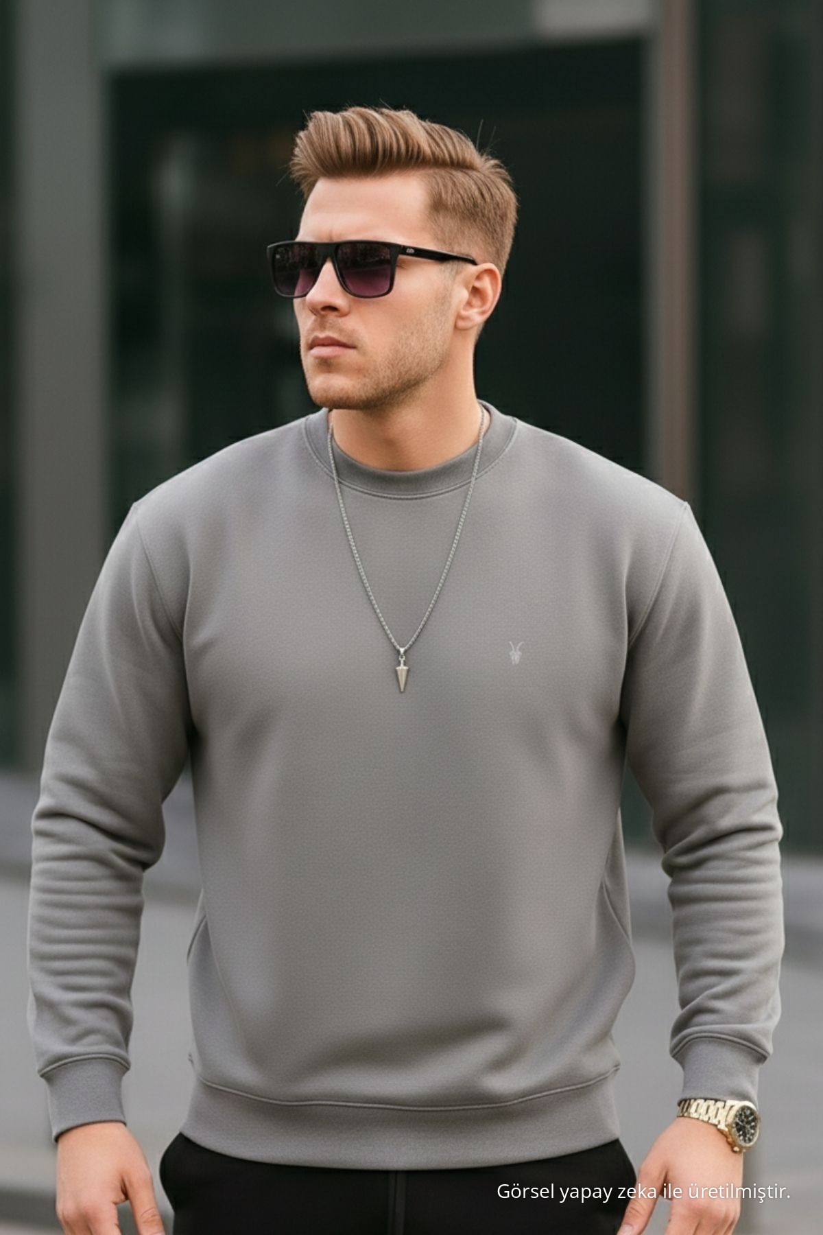 Gri Renk Basic Bisiklet Yaka Relaxed Regular Erkek Sweatshirt — خاکستری 1210BSC — تصویر 5 از 7
