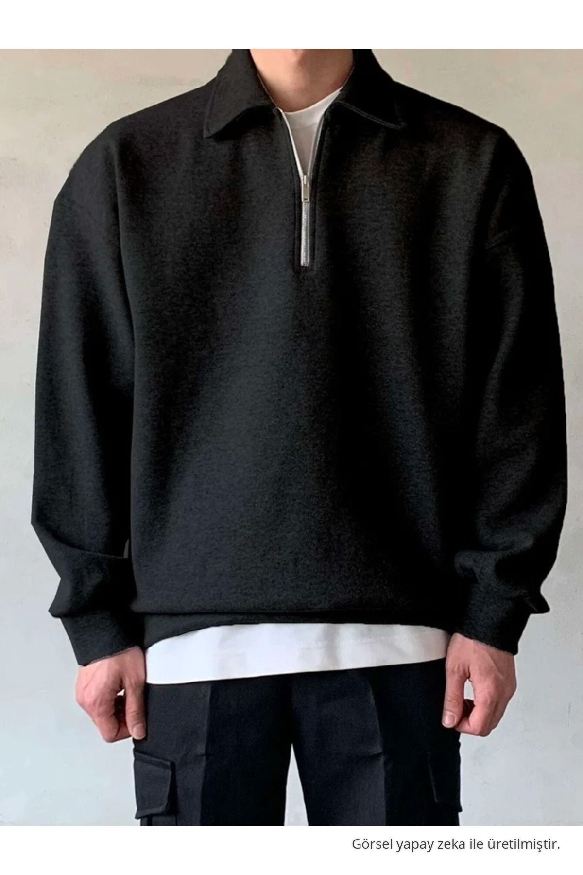 Erkek Polo Yaka Yarım Fermuarlı Sweatshirt SİYAH — مشکی SWT.0013 — تصویر 2 از 5