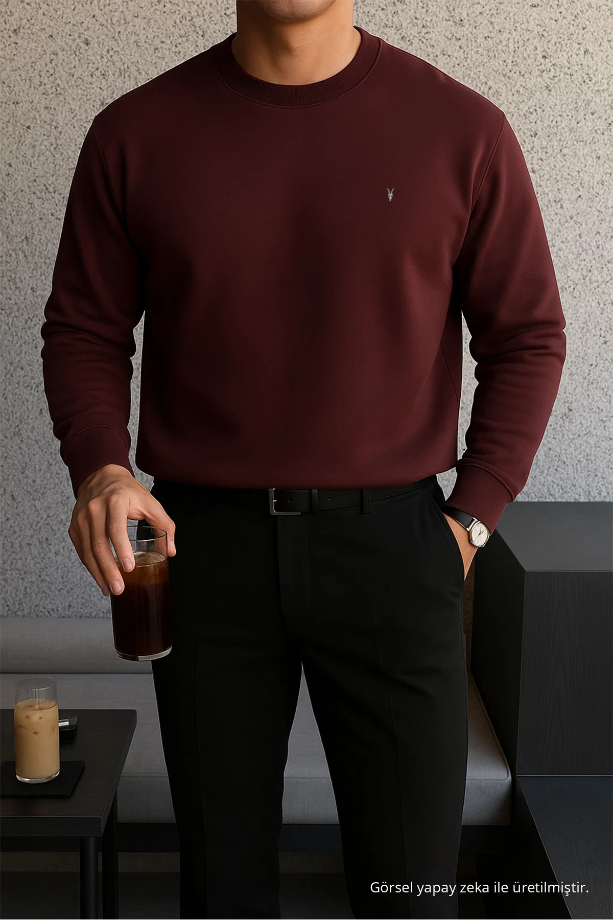 Erkek Kışlık Salaş Basic Bordo Sweatshirt — زرشکی Yansima-1210 — تصویر 3 از 7