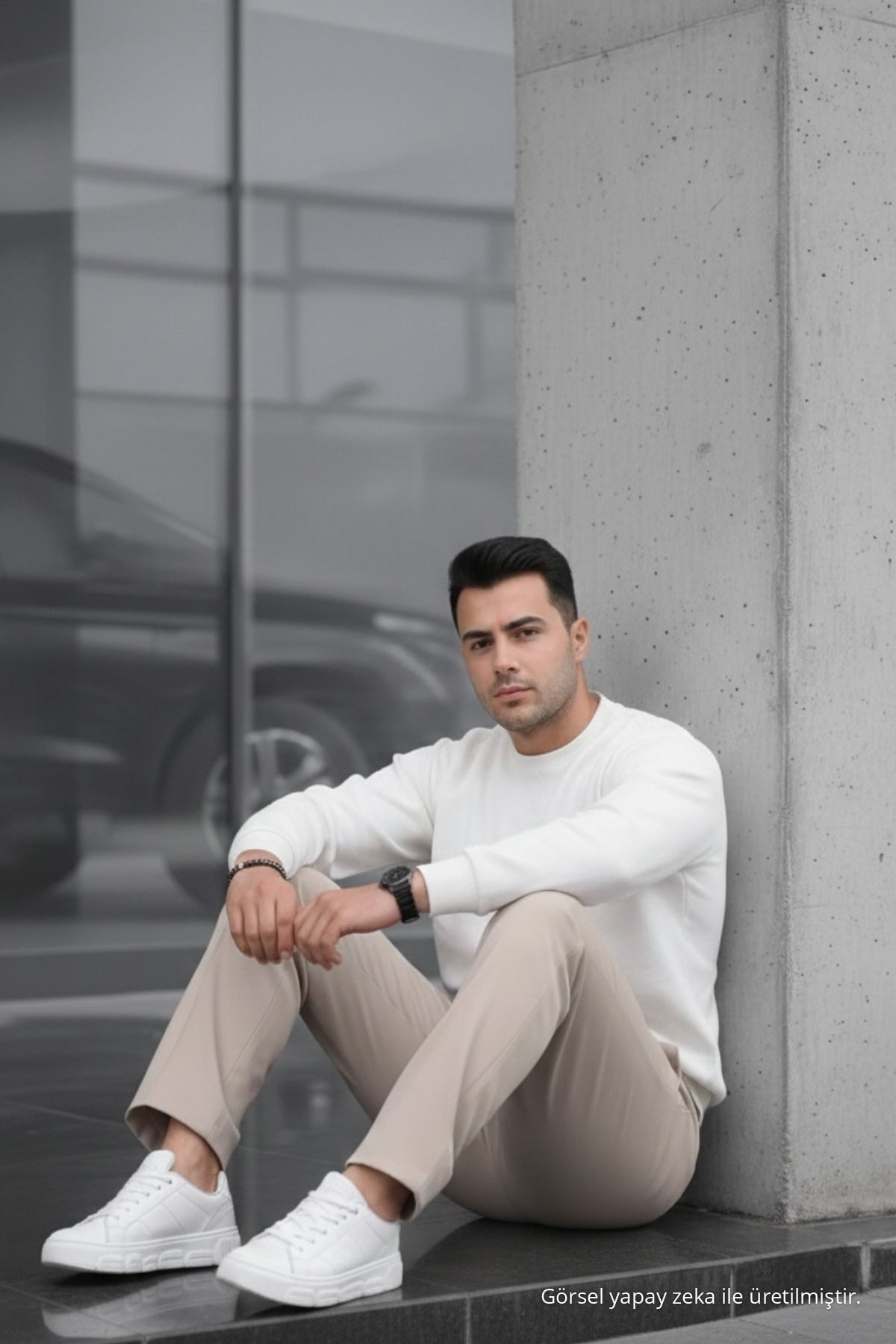 Erkek Çift Pileli Salaş Krem Baggy Pantolon — کرم 73494CMBN-3 — تصویر 5 از 7