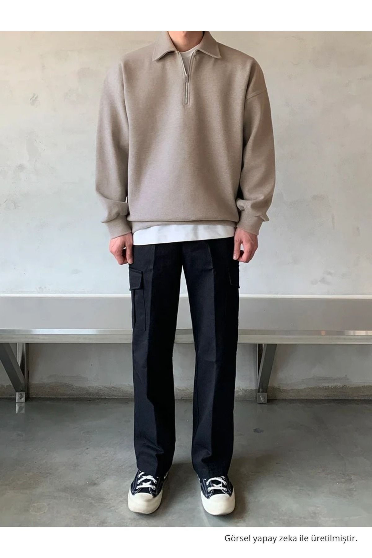 Erkek Polo Yaka Yarım Fermuarlı Sweatshirt BEJ — بژ SWT.0013 — تصویر 4 از 5