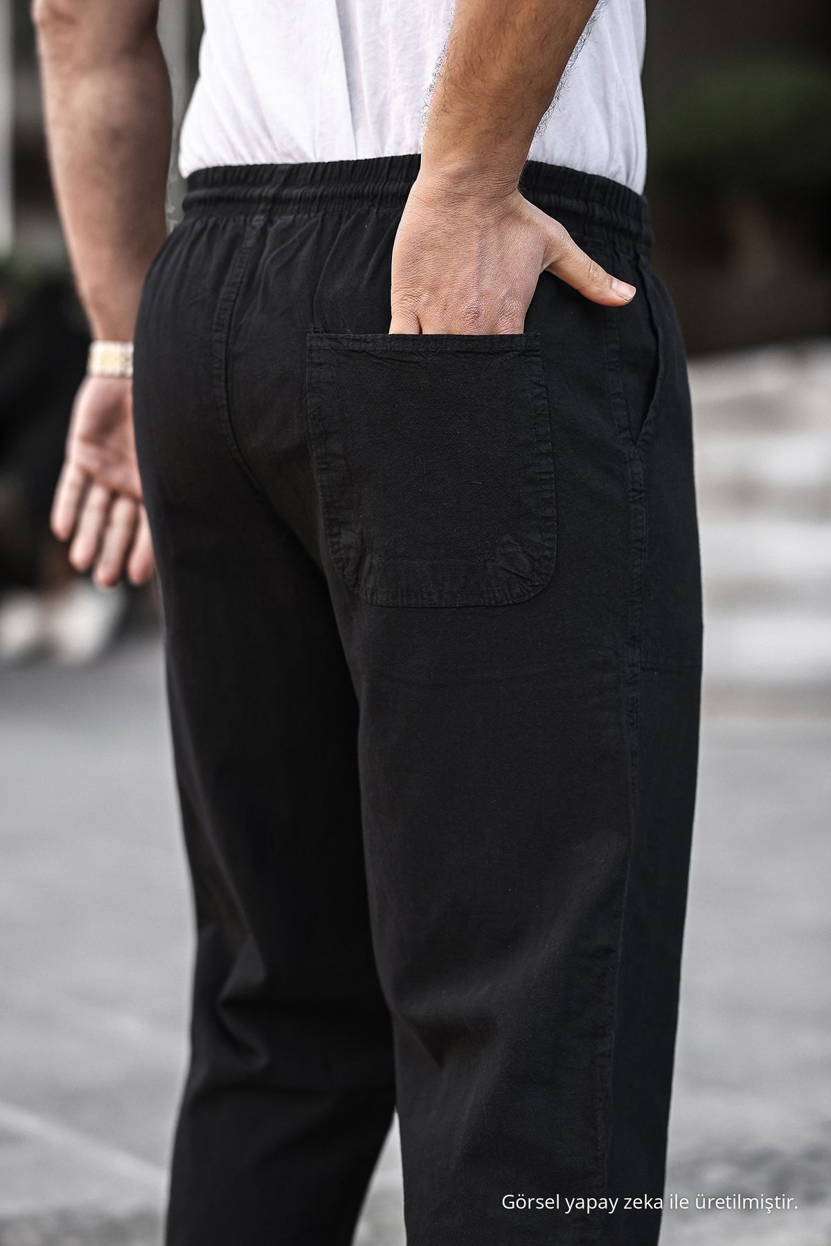 Siyah Renk Erkek Yazlık Keten Karışımı Relaxed Pantolon — مشکی KTN1430 — تصویر 6 از 6