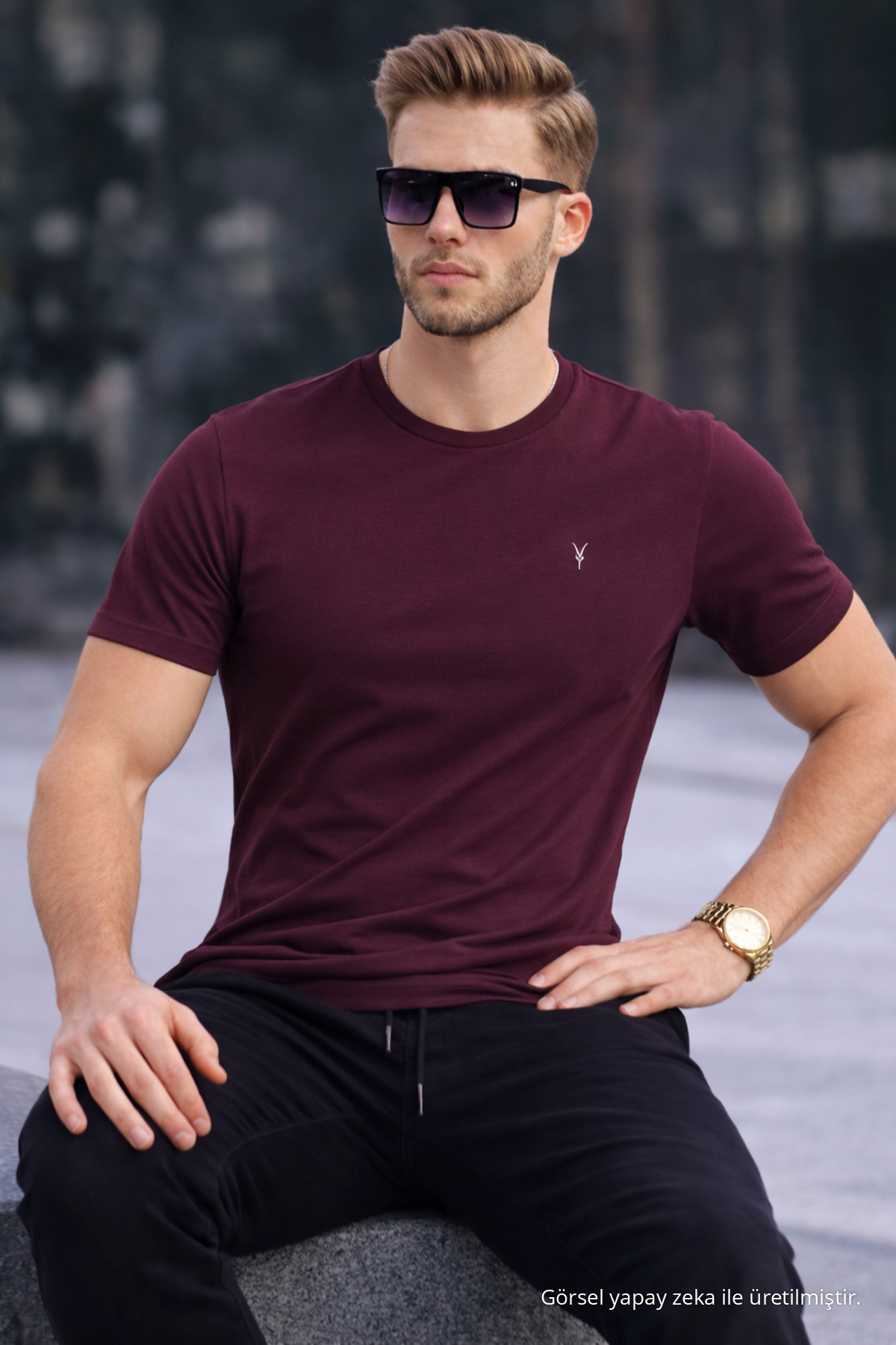 Erkek Bisiklet Yaka Slim Basic Bordo Tişört 3