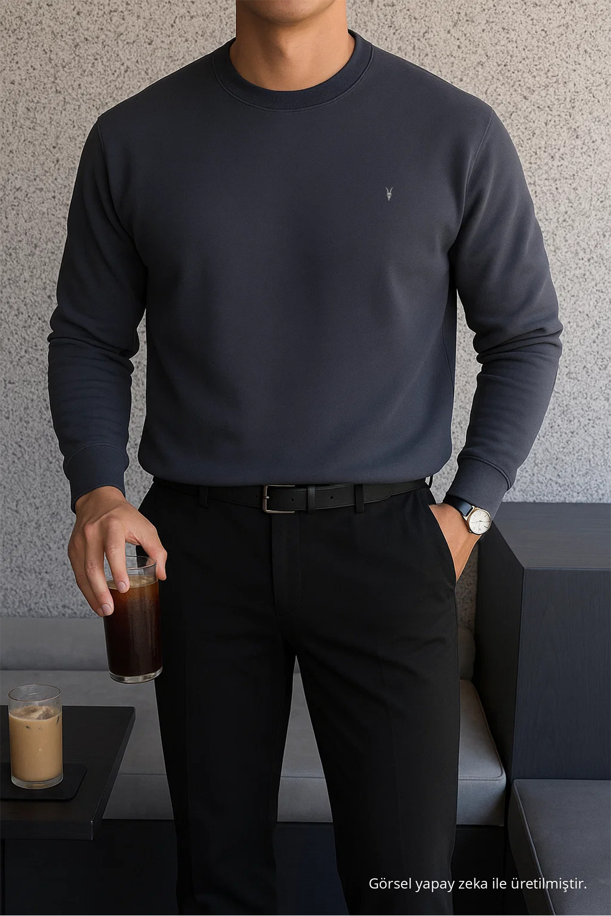 Erkek Kışlık Salaş Basic Füme Sweatshirt — خاکستری Yansima-1210 — تصویر 4 از 7