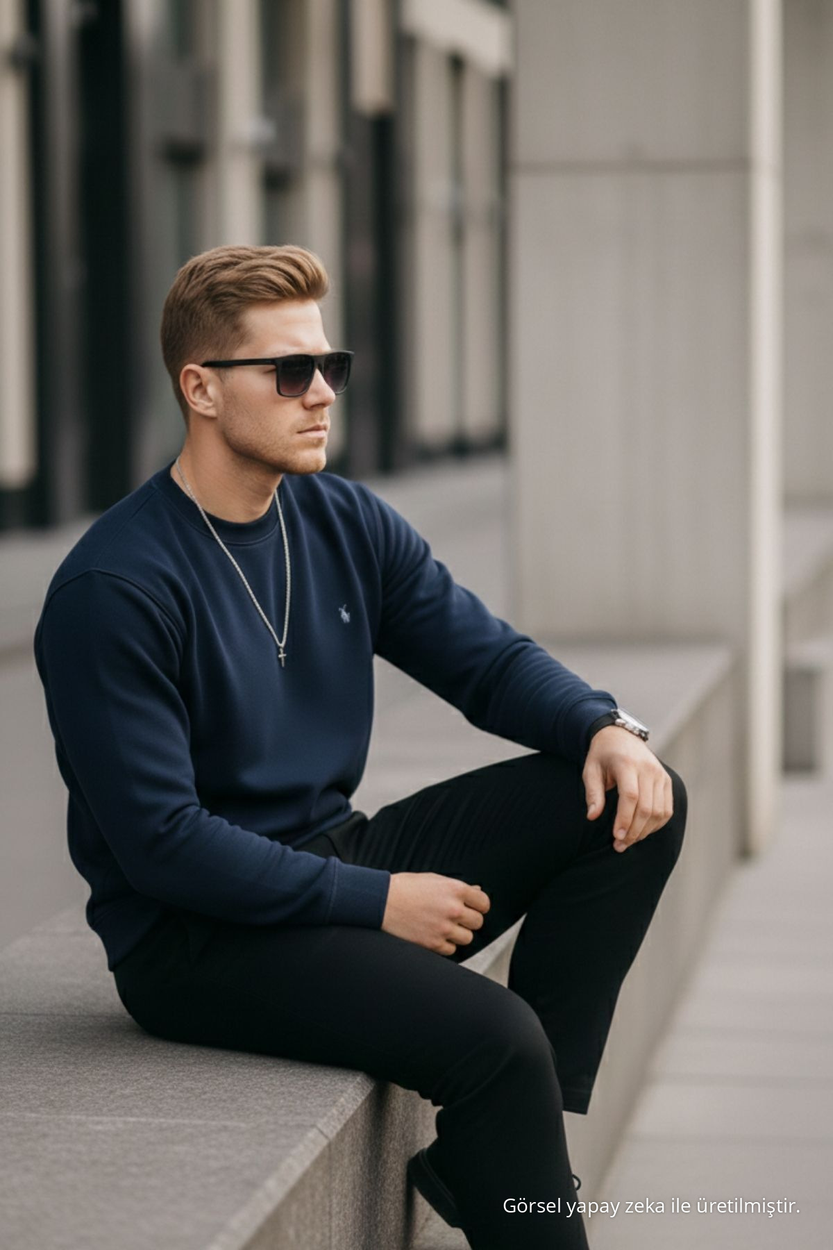 Lacivert Renk Basic Bisiklet Yaka Relaxed Regular Erkek Sweatshirt — سرمه‌ای 1210BSC — تصویر 7 از 7