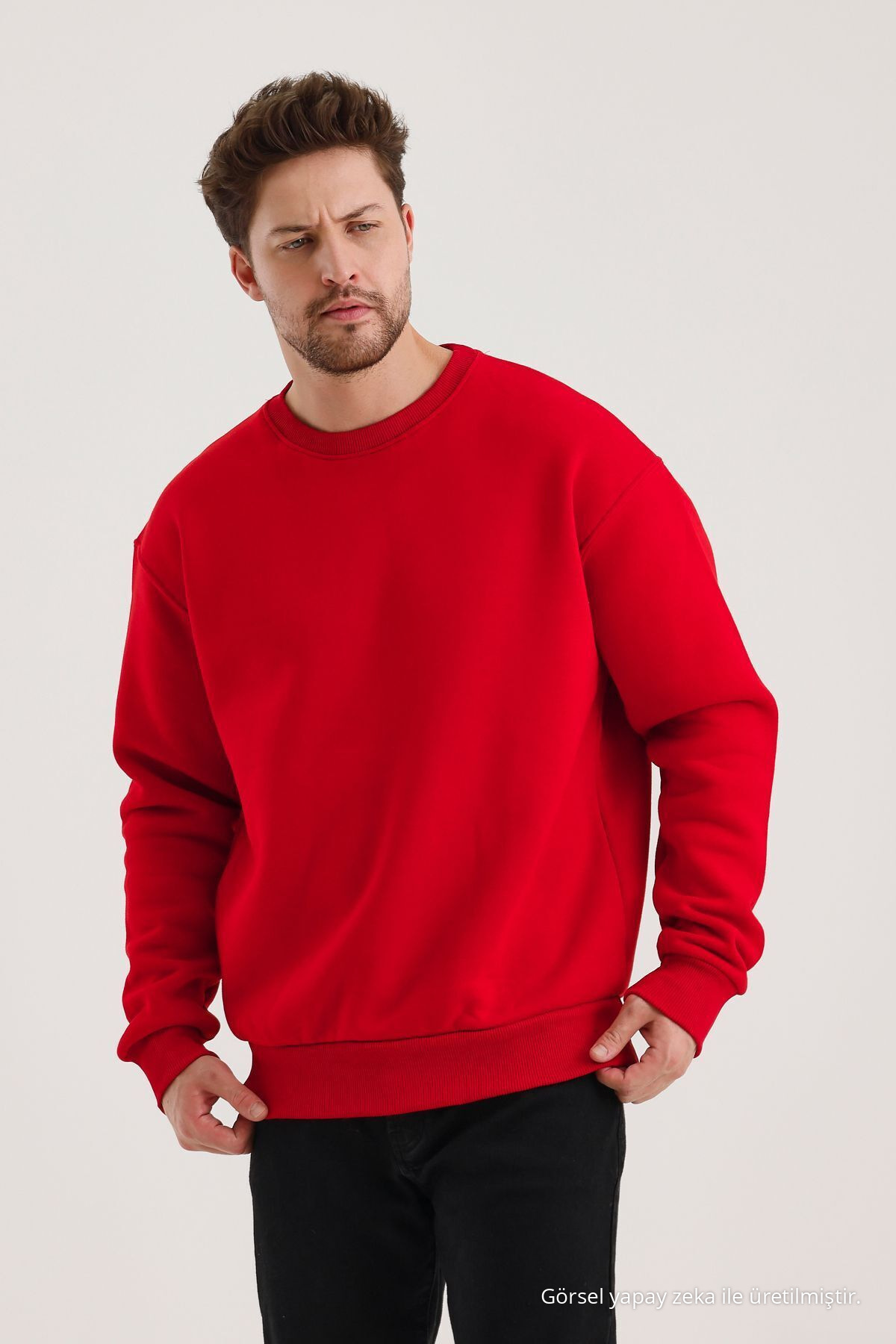 Kırmızı Bisiklet Yaka Oversize Şardonlu Basic Erkek Sweatshirt — قرمز SWT.0026 — تصویر 2 از 8