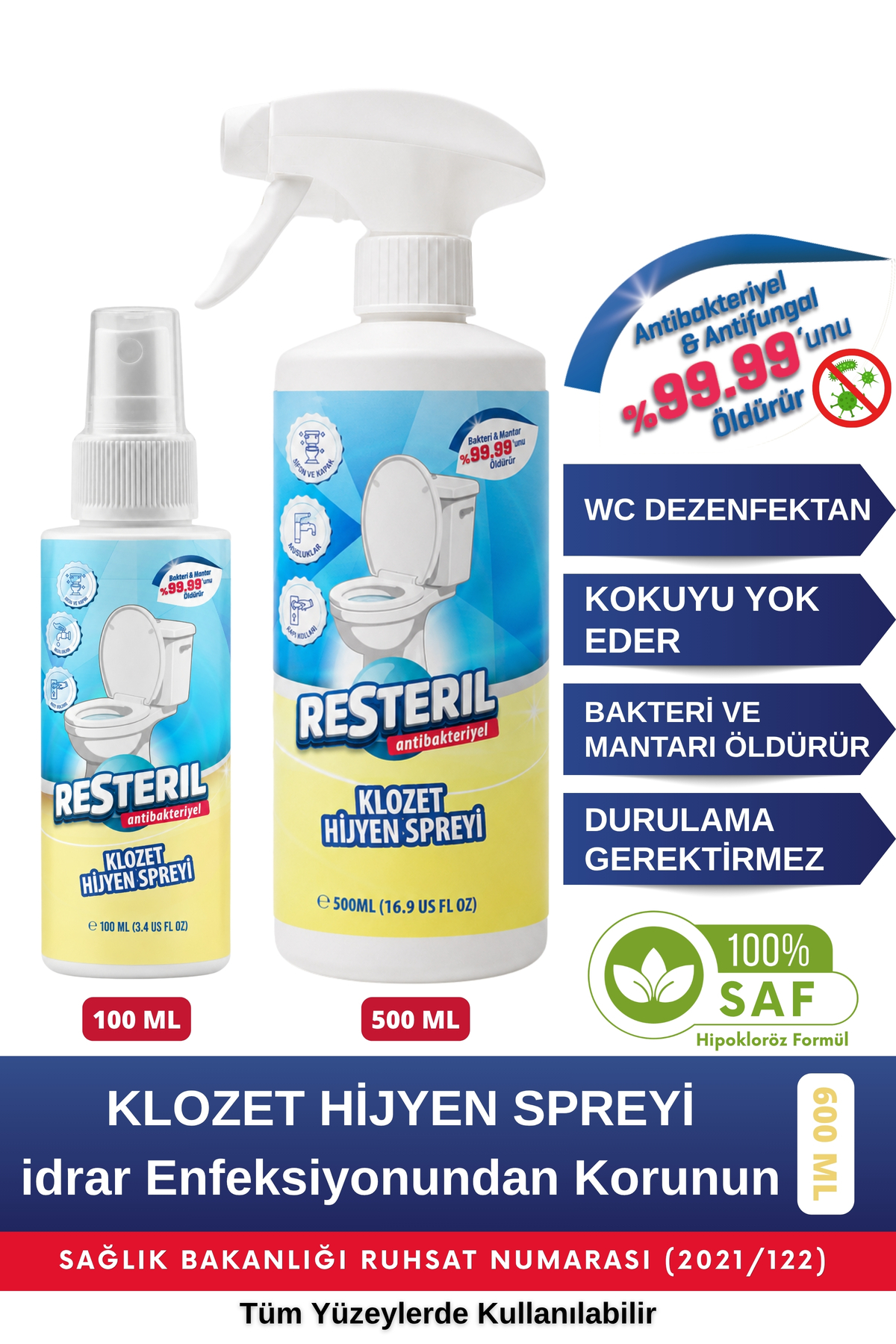 Resteril Klozet Kapağı Temizleyici Dezenfektan 100ml ve Koku Giderici Tuvalet Temizleyici 500ml 2’li Set Alkolsüz Klozet Dezenfektanı Hipokloröz Asit Tuvalet Küf Temizleyici