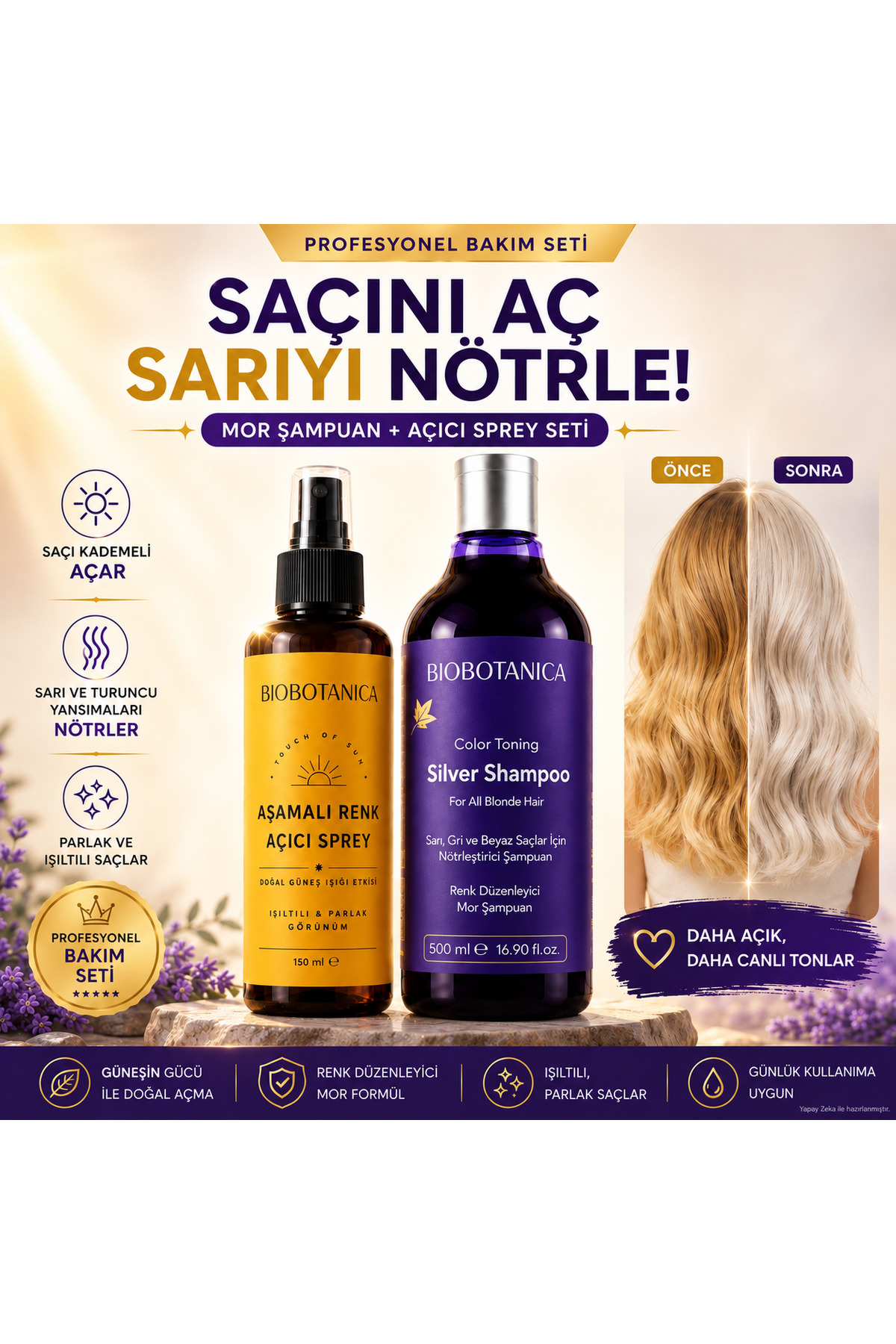Biobotanica TOUCH OF SUN Aşamalı Renk Açıcı Sprey 150 ML + Silver Turunculaşma Karşıtı Mor Şampuan 500 Ml — MRVSCRNKCC