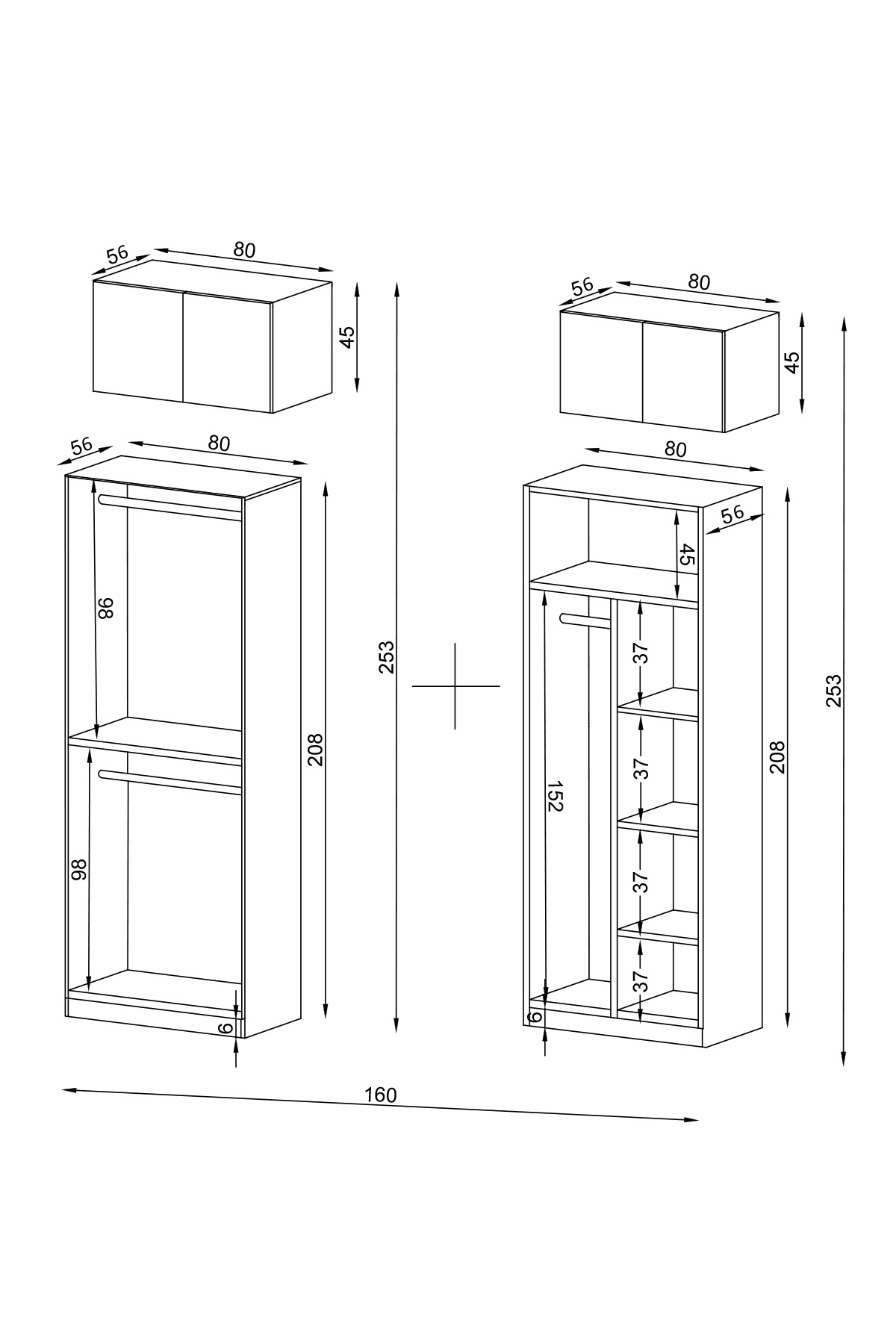 Gama 8 Kapaklı Askılı + Askılı Raflı + Ek Modüllü Tasarım Kulplu 253 cm Gardırop Elbise Dolabı görsel 5