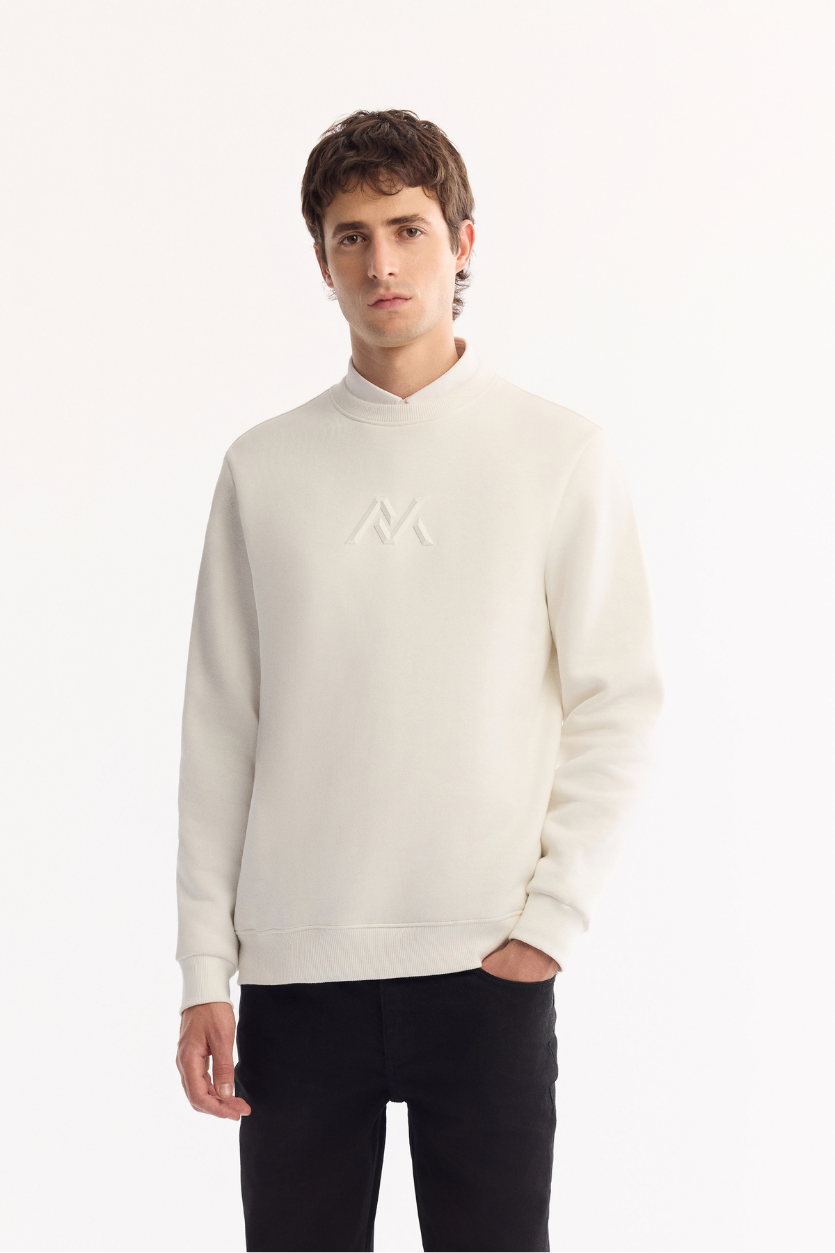 Erkek Beyaz Bisiklet Yaka Pamuklu Şardonlu Baskılı Regular Fit Sweatshirt A52Y1327 — سفید