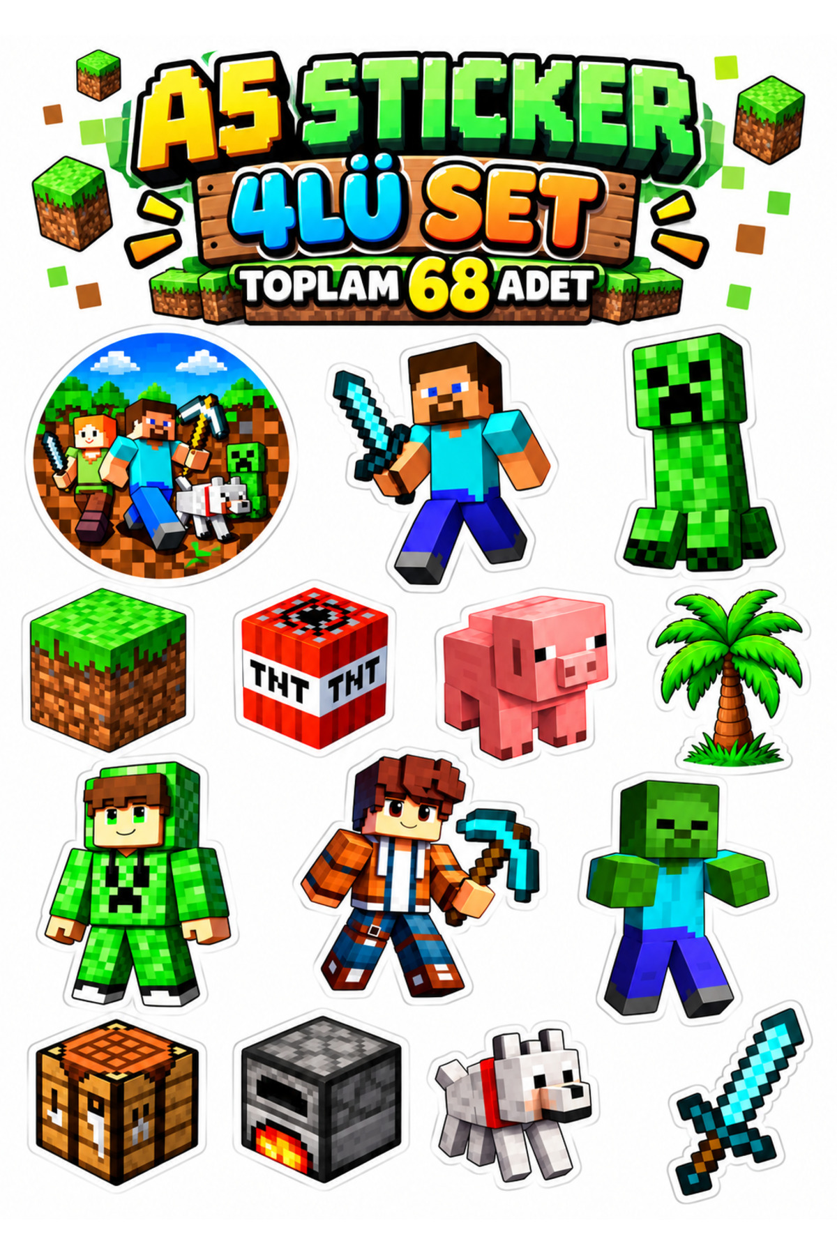 Minecraft Steaker Genel Markalar Minecraft Temalı Sticker 4'lü A5 Set 68 Farklı Renkli ...