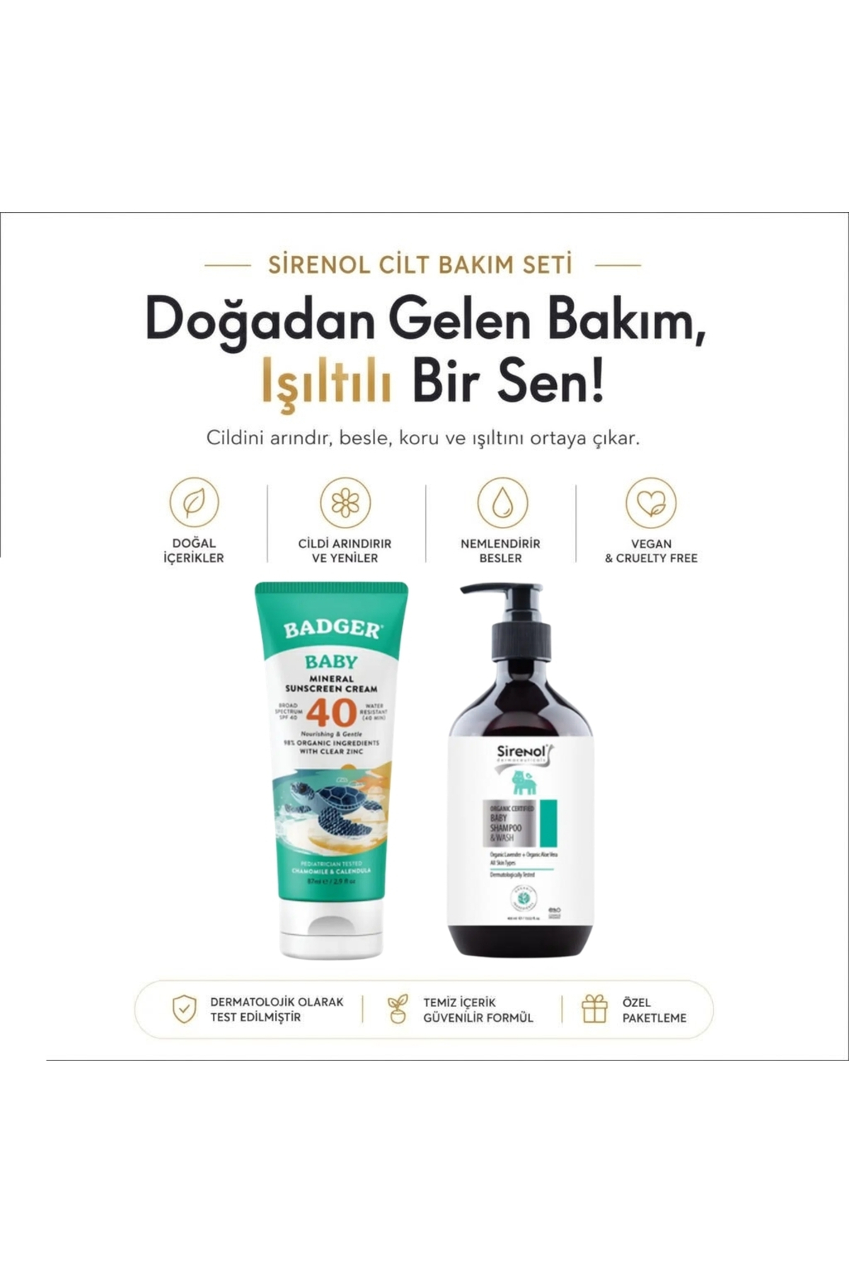 Sirenol Badger Bebek Güneş Kremi SPF40 ve Organik Bebek Şampuanı Set 87 mL / 400 mL — BS1015