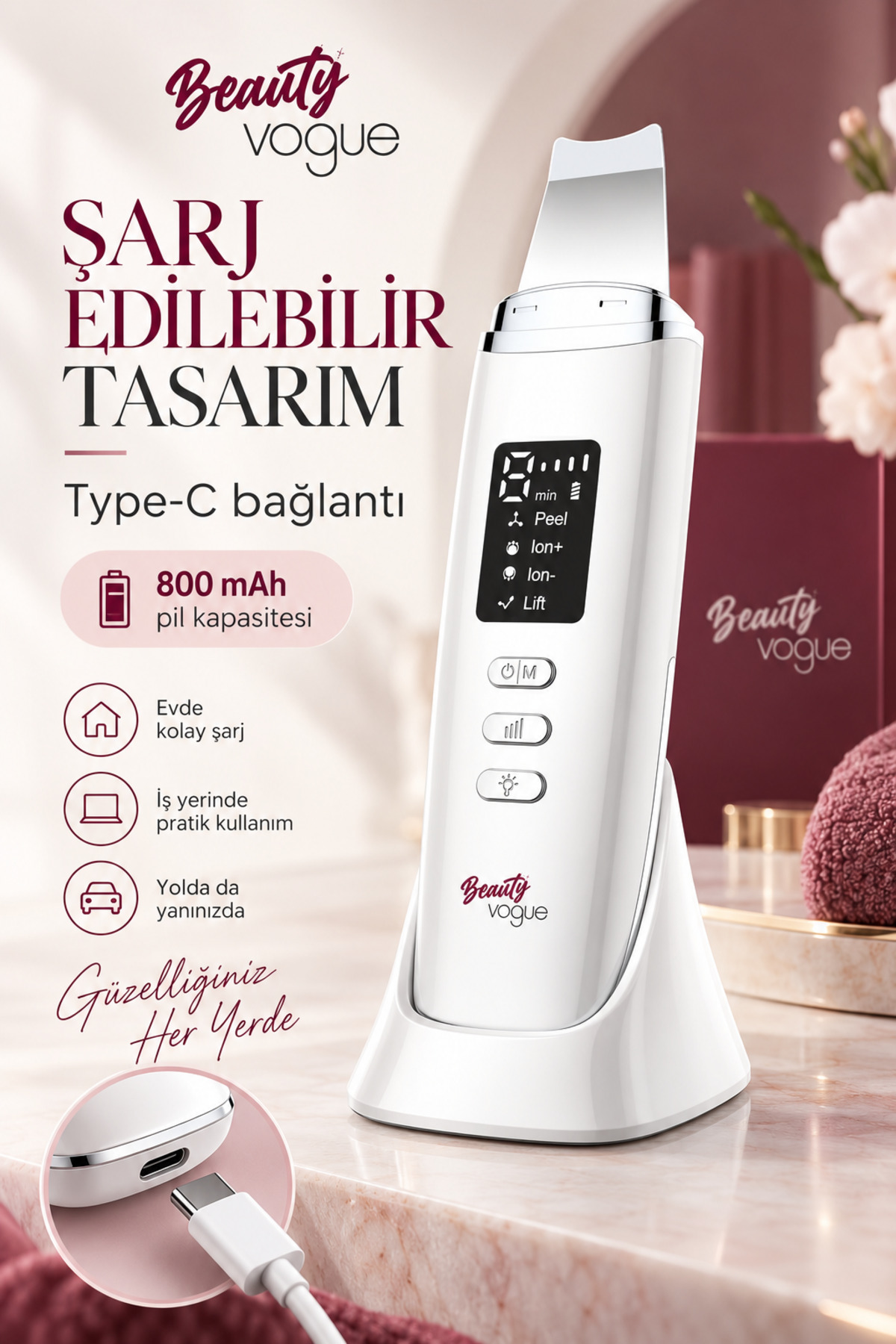 C6 Şarj Standlı Ultrasonik Cilt Temizleme Cihazı - Siyah Nokta Giderici & LCD Ekranlı Scrubber - Spatula - Cilt bakım Cihazı - Led Işık Terapili — سفید YNGC6197436 — تصویر 5 از 8
