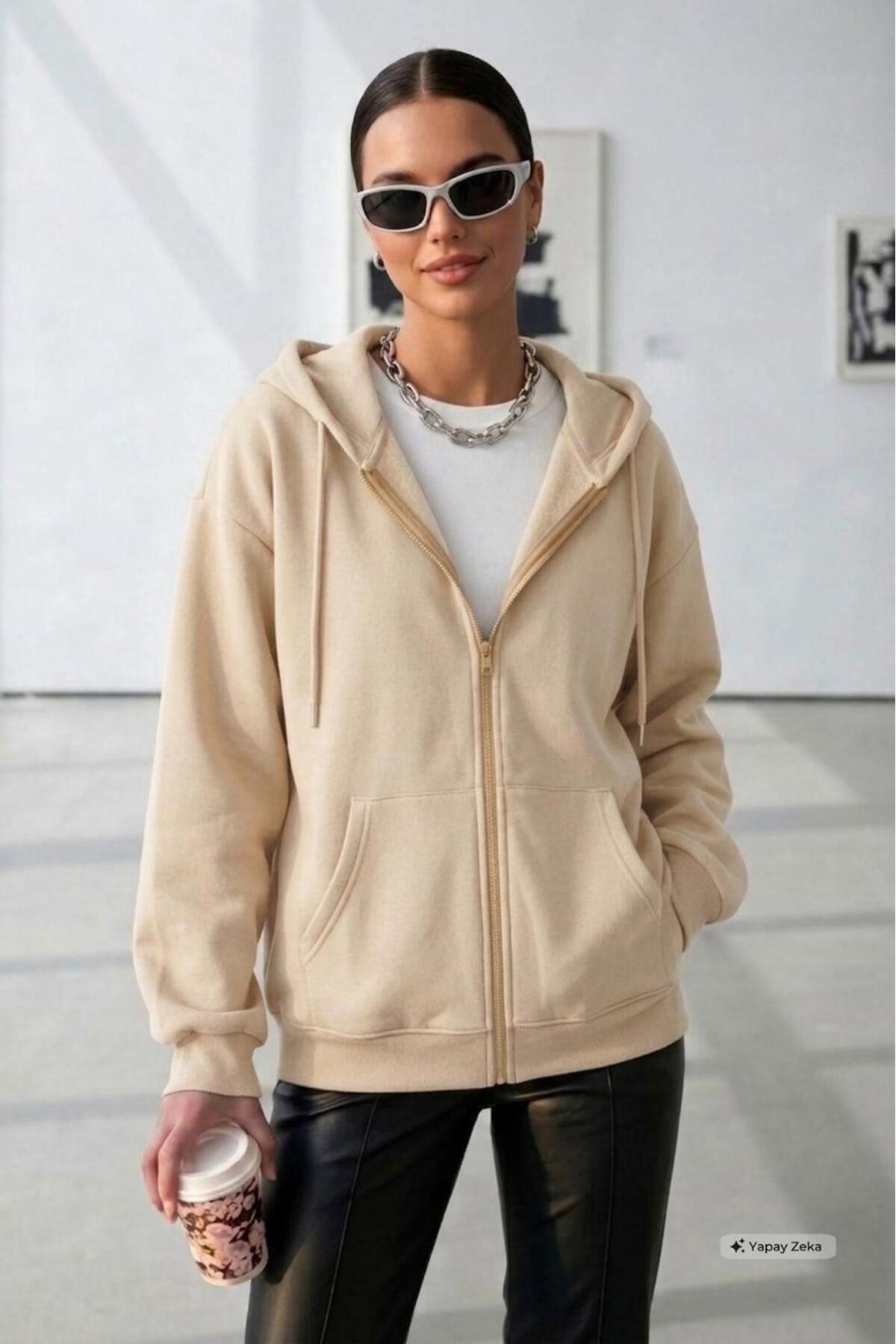 NO 601 Unisex Açık Bej Tam Fermuarlı Kapşonlu Hırka Ceket — بژ YAZLIKCEKET
