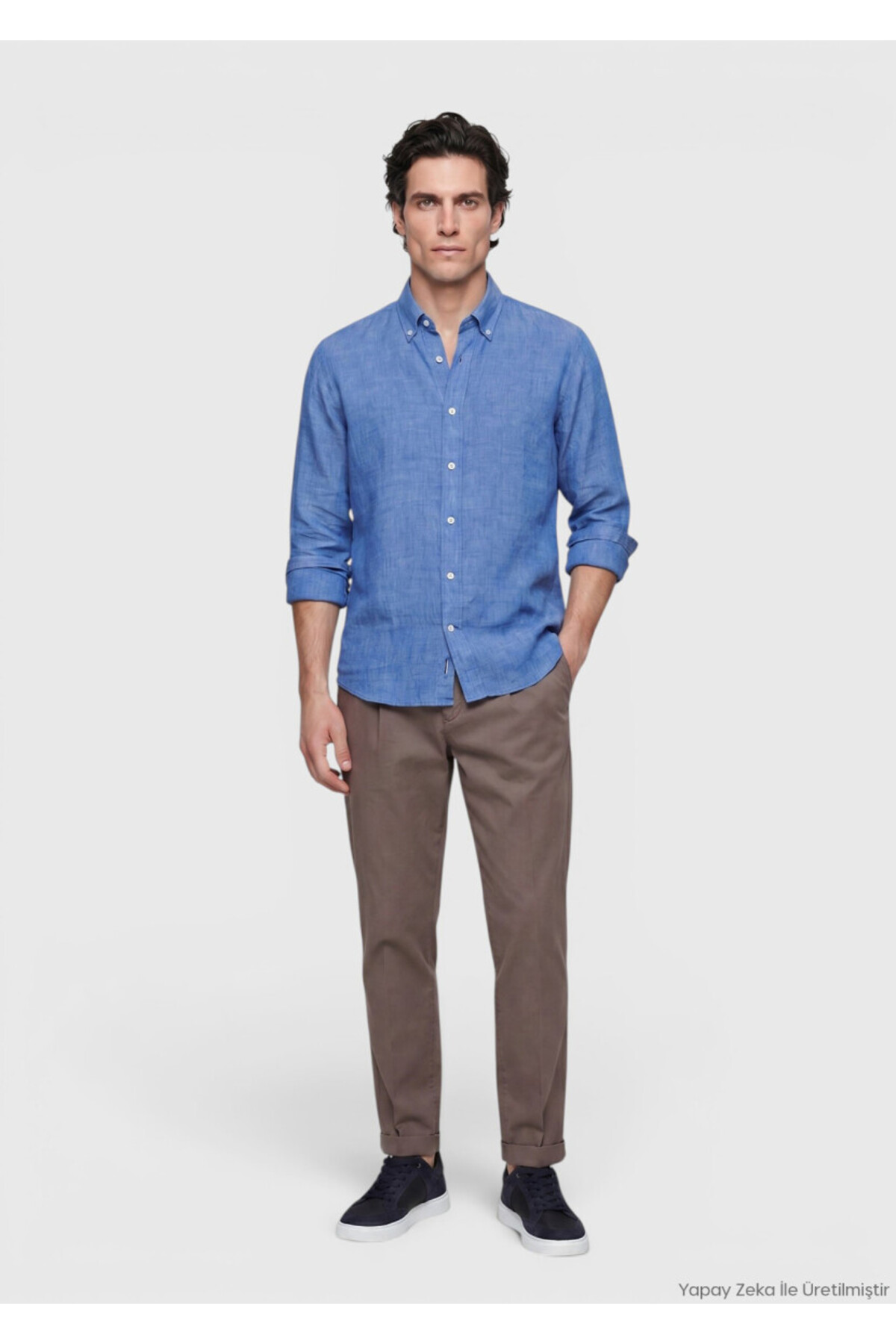 Koyu Mavi Düz Casual Fit Uzun Dokuma Casual %100 Keten Gömlek — آبی 165683 — تصویر 4 از 7