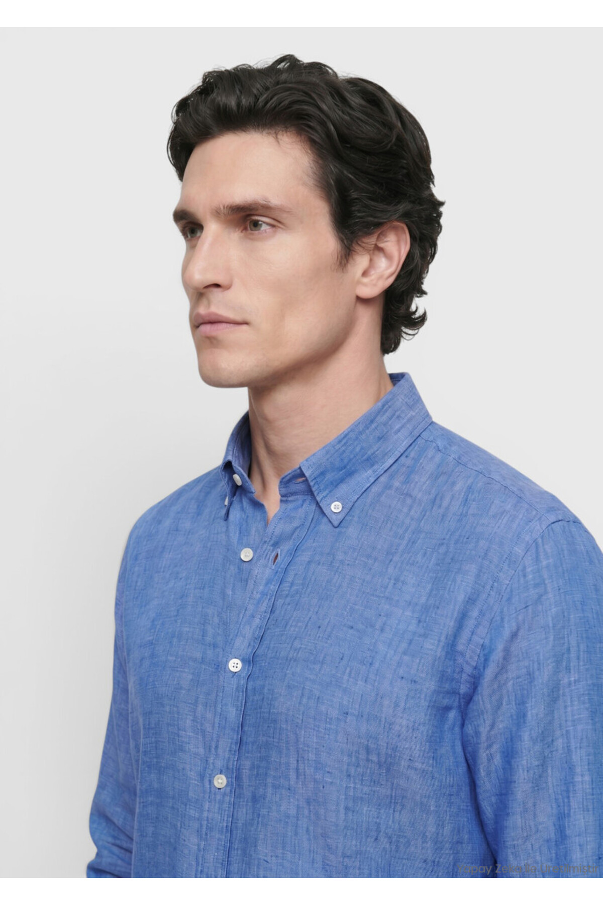 Koyu Mavi Düz Casual Fit Uzun Dokuma Casual %100 Keten Gömlek — آبی 165683 — تصویر 3 از 7