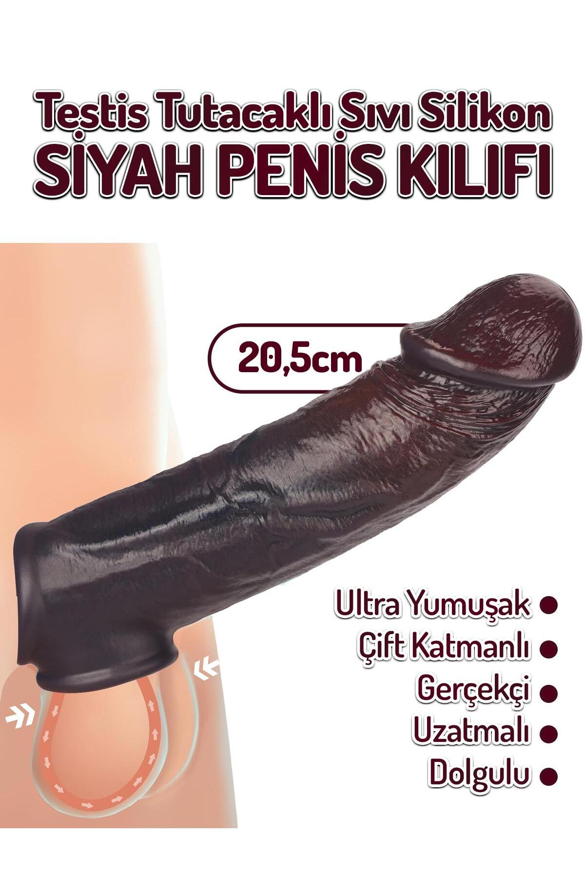 Çift Katmanlı 20,5 Cm Dolgulu 4 Cm Uzatmalı Soft Sıvı Silikon Realistik Testisli Siyah Penis Kılıfı