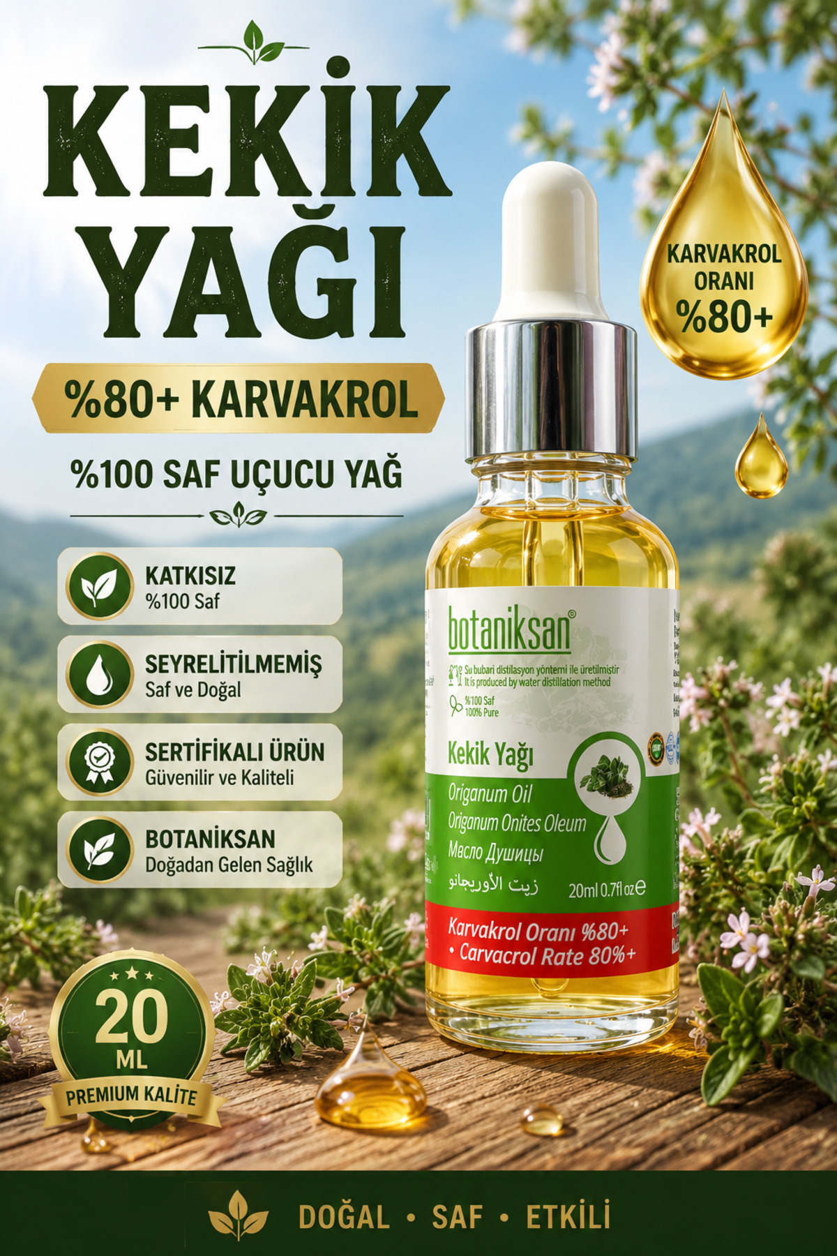 botaniksan Kekik Yağı 20ml Carvacrol %80 (karvakrol) Uçucu Yağı Essential Oil (sertifikalı Ürün) — KEKİK YAĞI 20ML CARVACROL %80 UÇUCU YAĞ