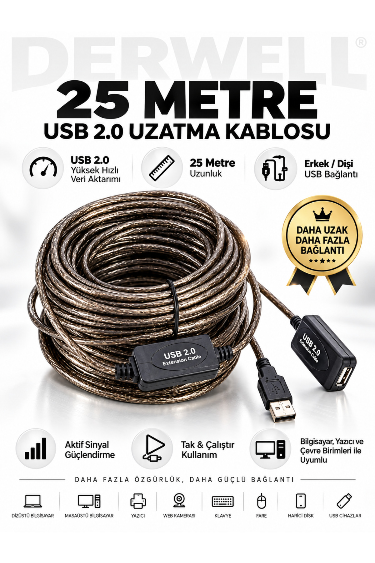 25 Metre 25mt Usb Aktif Erkek/Dişi High Speed Kablo Chipli Model Ara USB Uzatma Kablosu Extension Kablo Güçlendirilmiş USB Uzatma Erkek/Kadın USB Ara Kablosu