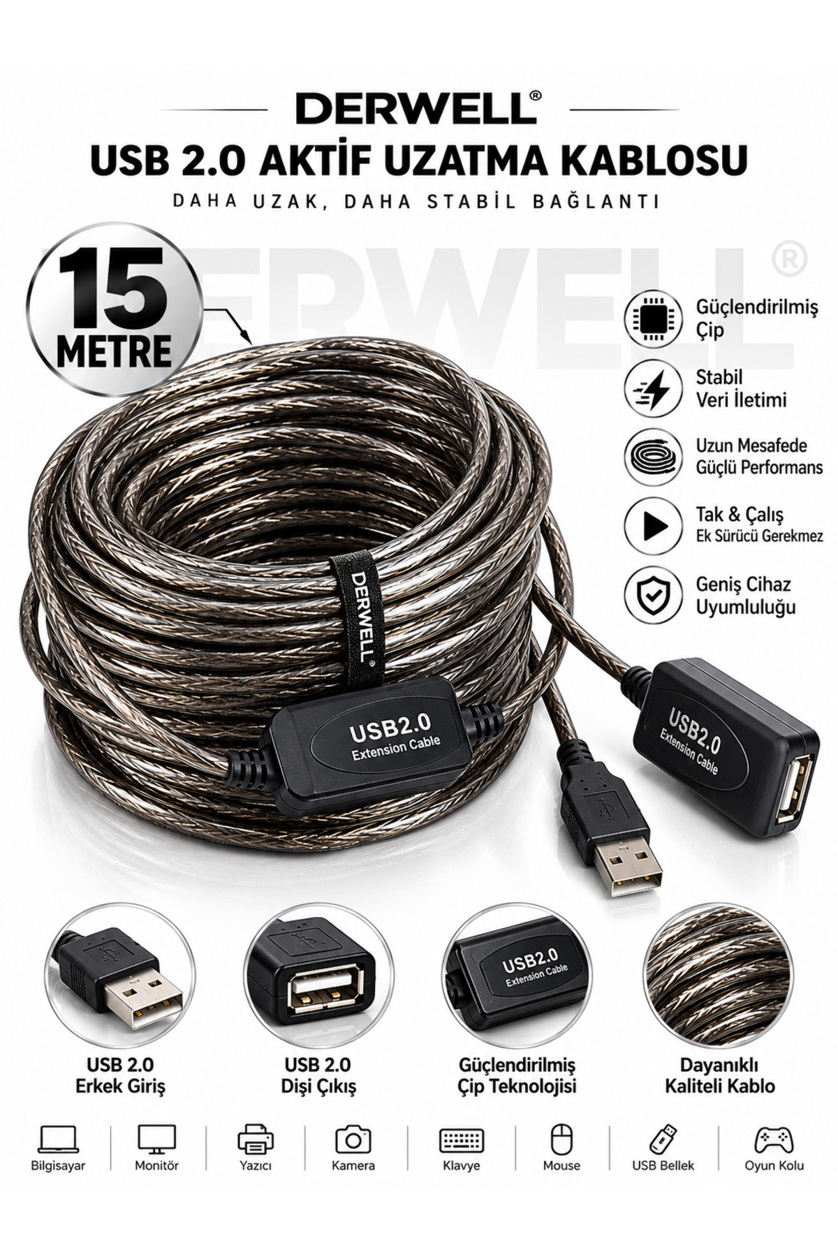 15 Metre 15mt Usb Aktif Erkek/Dişi High Speed Kablo Chipli Model Ara USB Uzatma Kablosu Extension Kablo Güçlendirilmiş USB Uzatma Erkek/Kadın USB Ara Kablosu