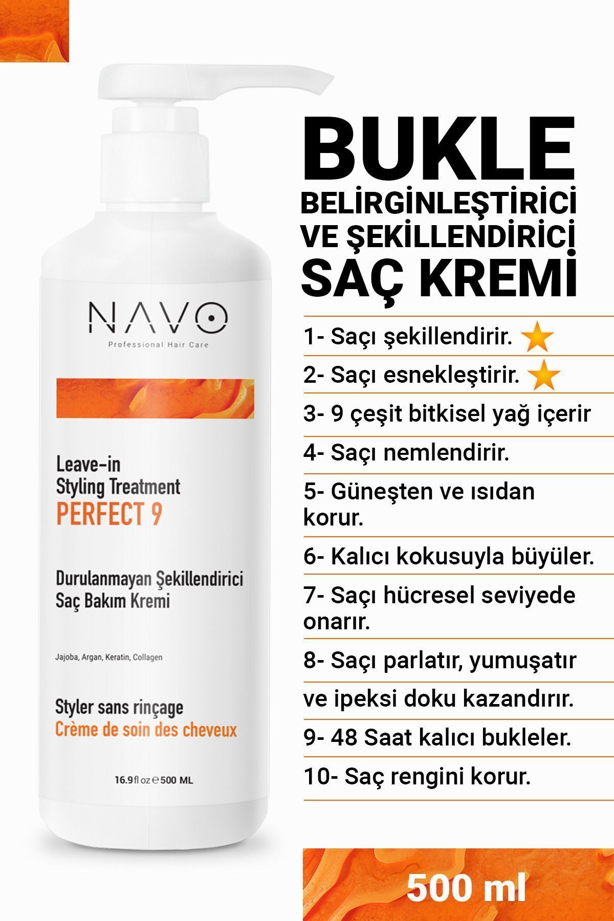 NAVO PROFESSIONAL HAIR CARE Bukle Belirginleştirici Durulanmayan Saç Kremi - Kıvırcık Saçlar İçin - Sülfatsız - 500ml — Navo-P9-01
