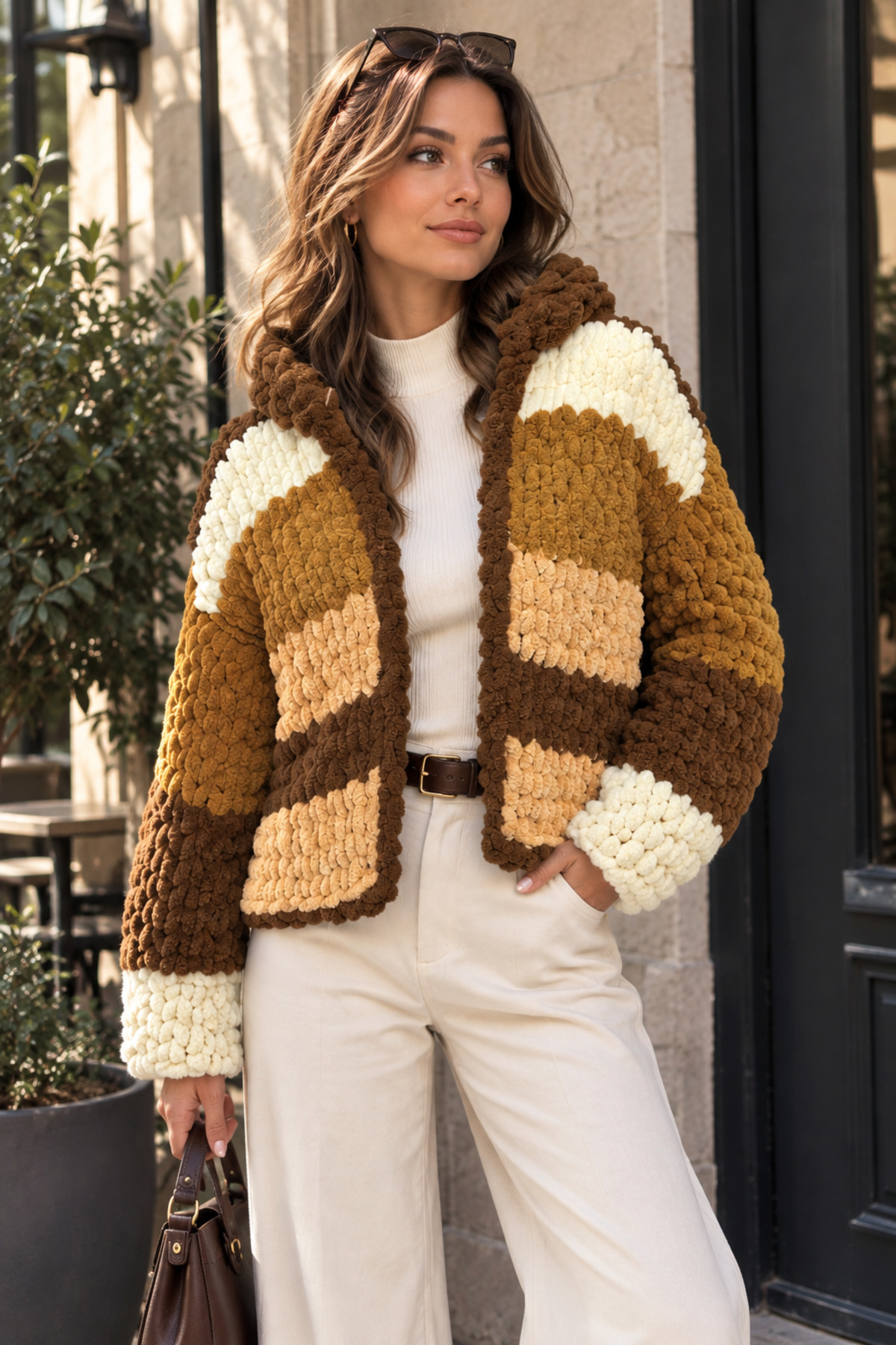 El yapımı Kahve & Krem Chunky Polar Kapüşonlu Hırka — کرم 7372919192636728 — تصویر 2 از 4