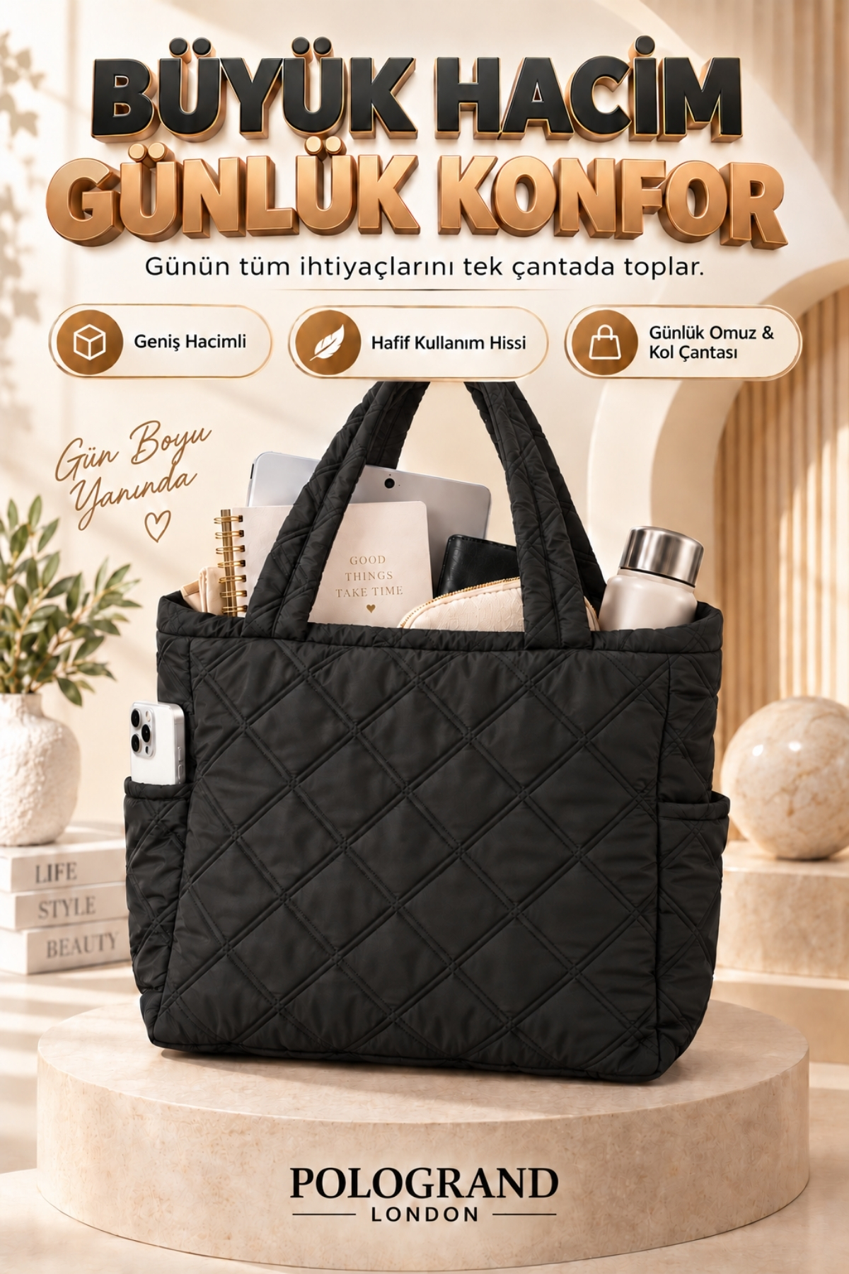 POLOGRAND London Orijinal Kadın Geniş Hacimli Puf Şişme Shopper Çanta Fermuar...