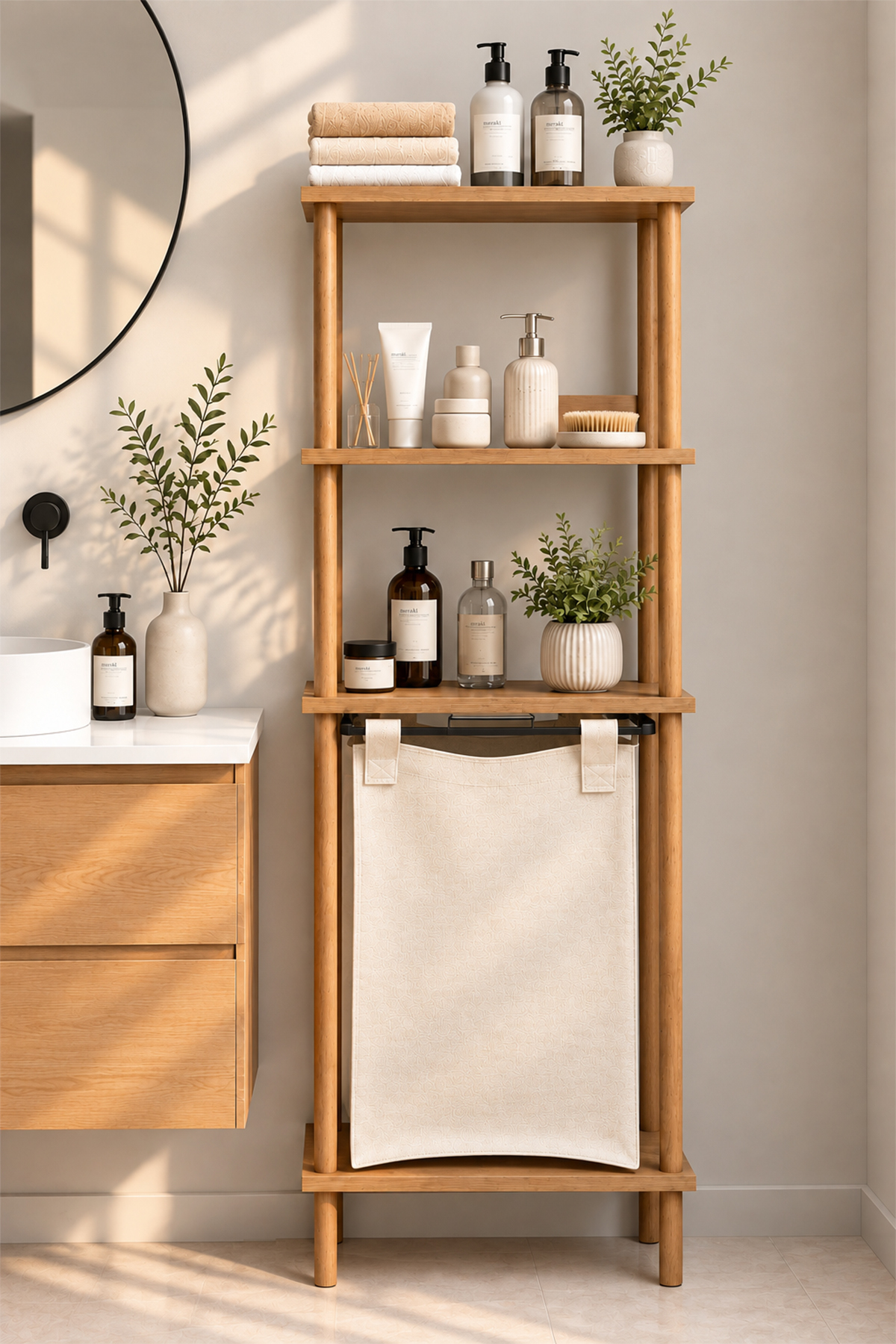 ELEN Tek Bez Sepetli Kirli Çamaşır Sepeti, Çok Katlı Raflı Banyo Düzenleyici ve Organizer görsel 2