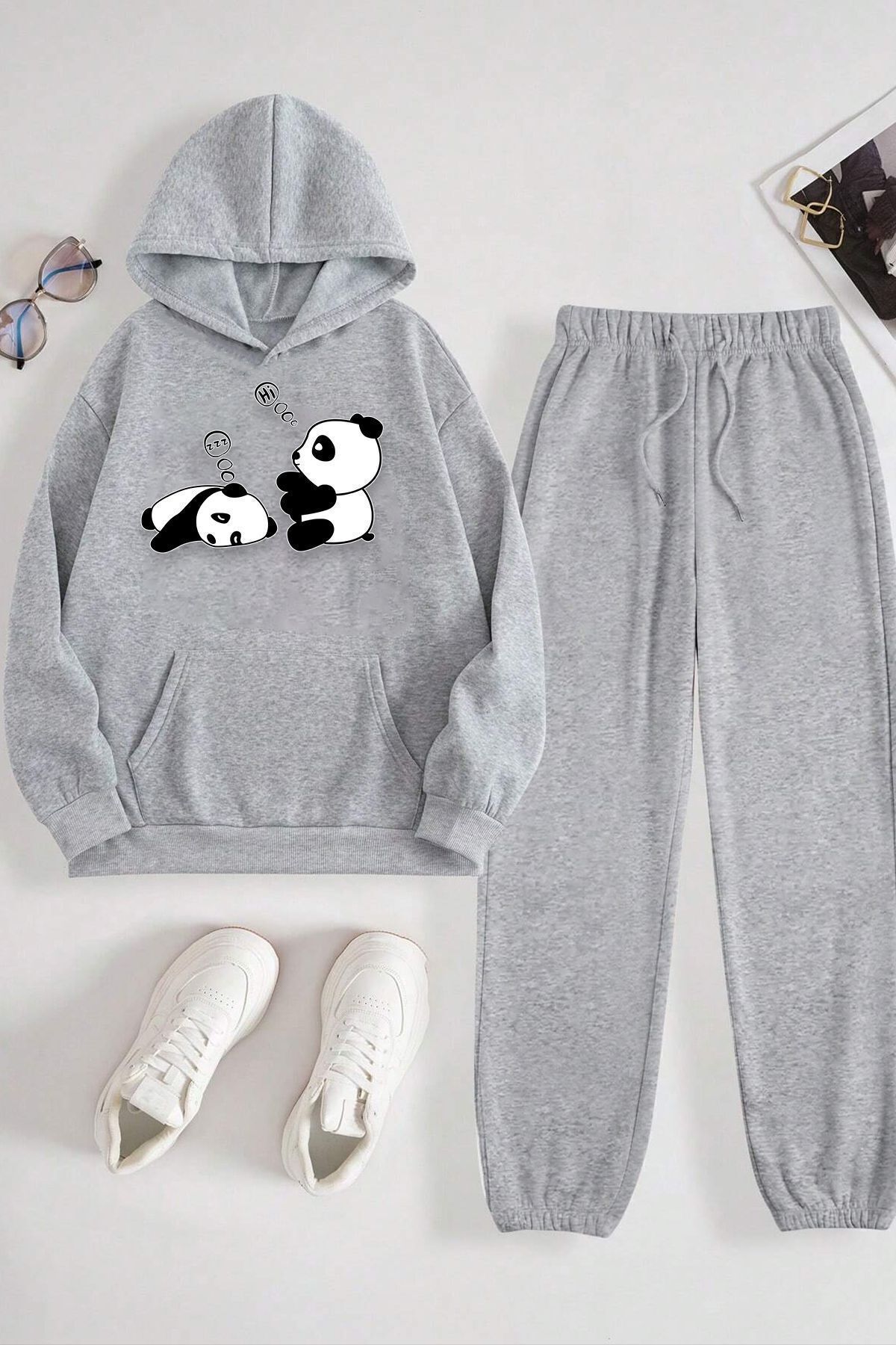 Unisex Uykucu Panda Baskılı Rahat Eşofman Takımı — خاکستری KP-SIYAH-UYKUCUPANDA-ESH-SİYAH