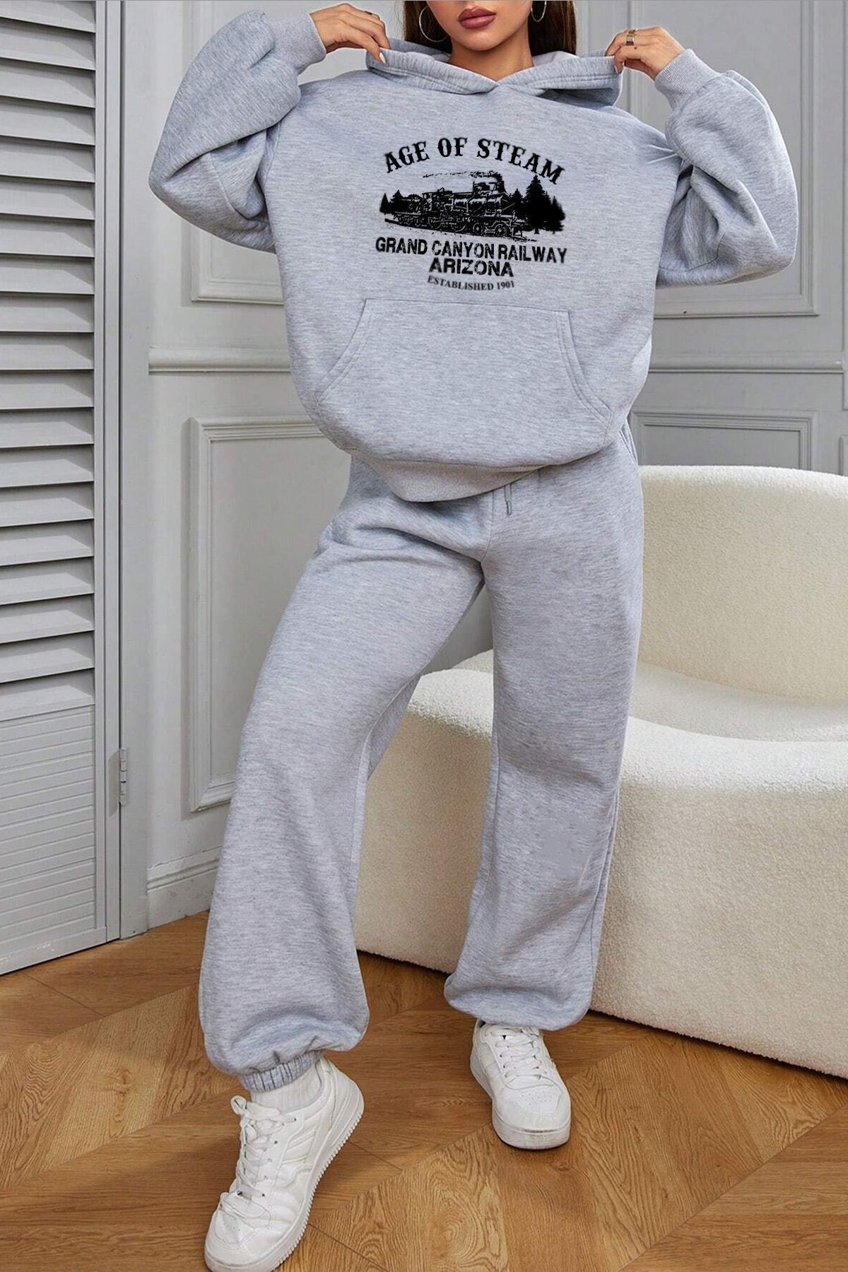 Age Of Steam Baskılı Unisex Eşofman Takımı — خاکستری KP-GRI-AGEOFSIYAH-ESH-GRI