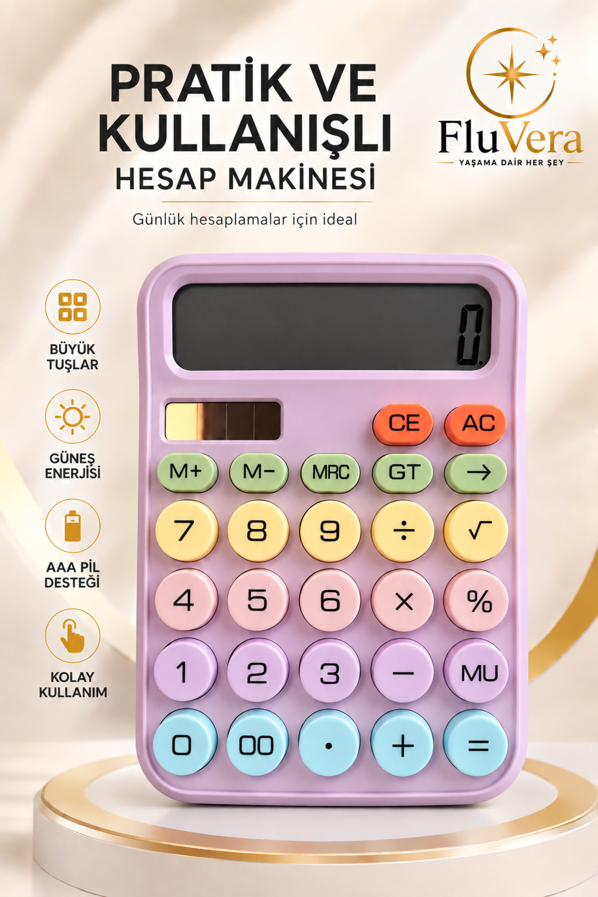 FluVera Pastel Mor Renkli Hesap Makinesi | Güneş Enerjili ve Pilli | Büyük Ekranlı Masaüstü Hesap Makinesi | Ofis Okul Ev Kullanım