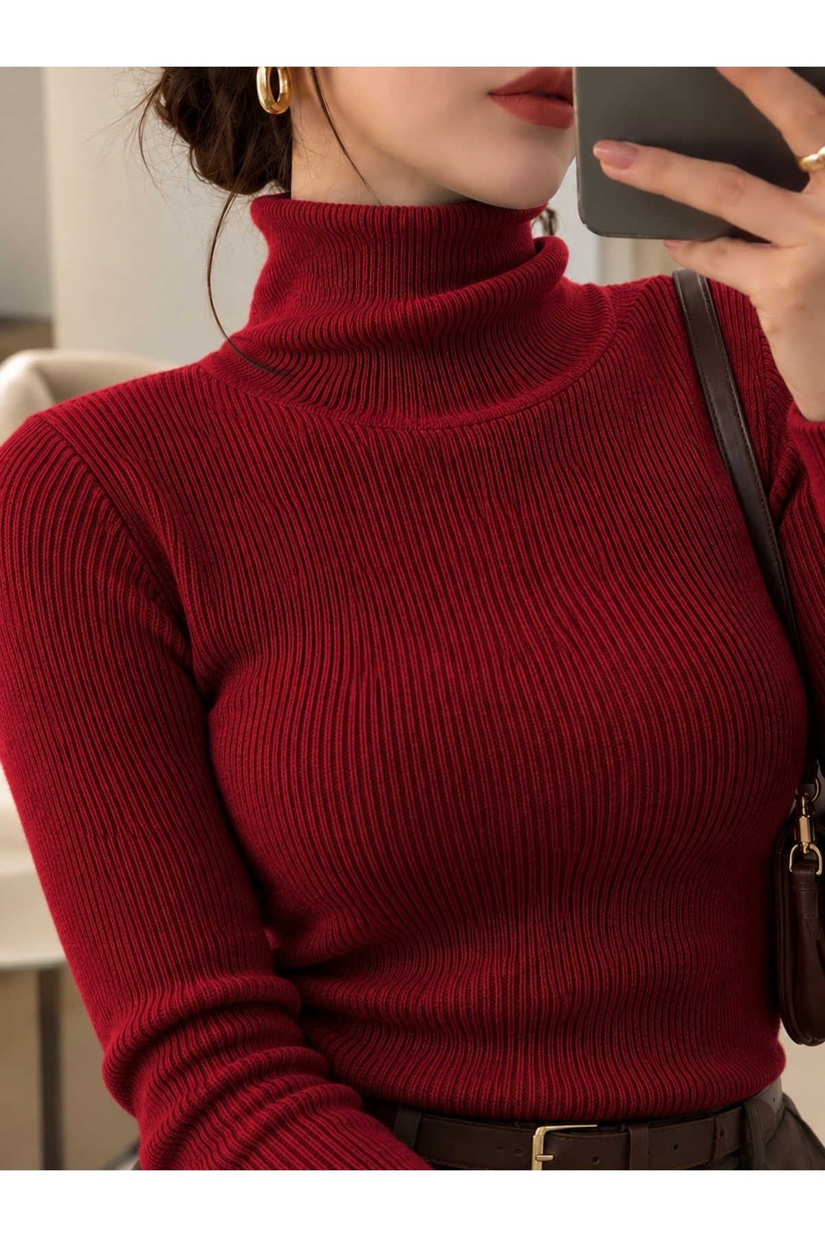 ژاکت یقه اسکی قرمز بافتنی یونیسکس، ژاکت یقه اسکی باریک فیت - قرمز najjar99 — تصویر 2 از 2