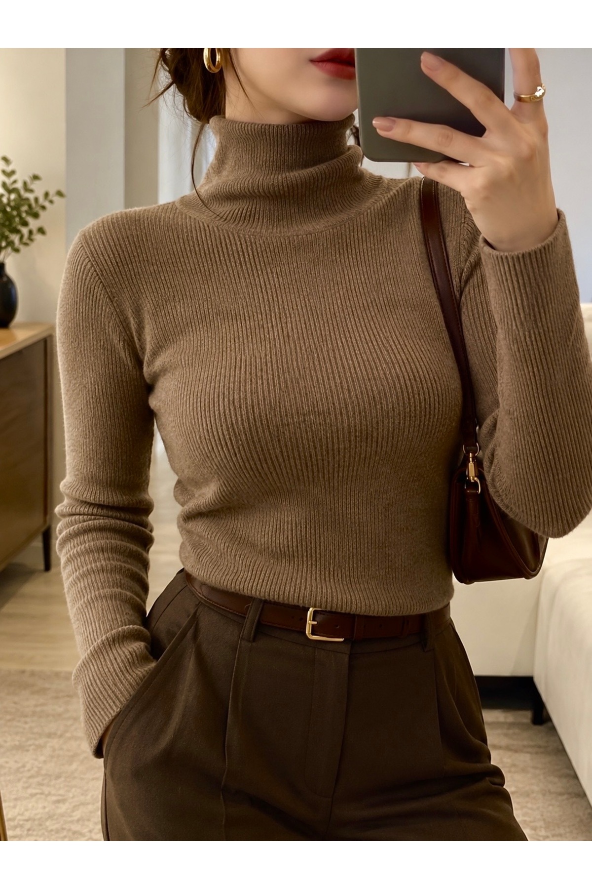 unisex trıko kazak balıkçı yaka slimfit boğzlı kazak — قهوه‌ای najjar99