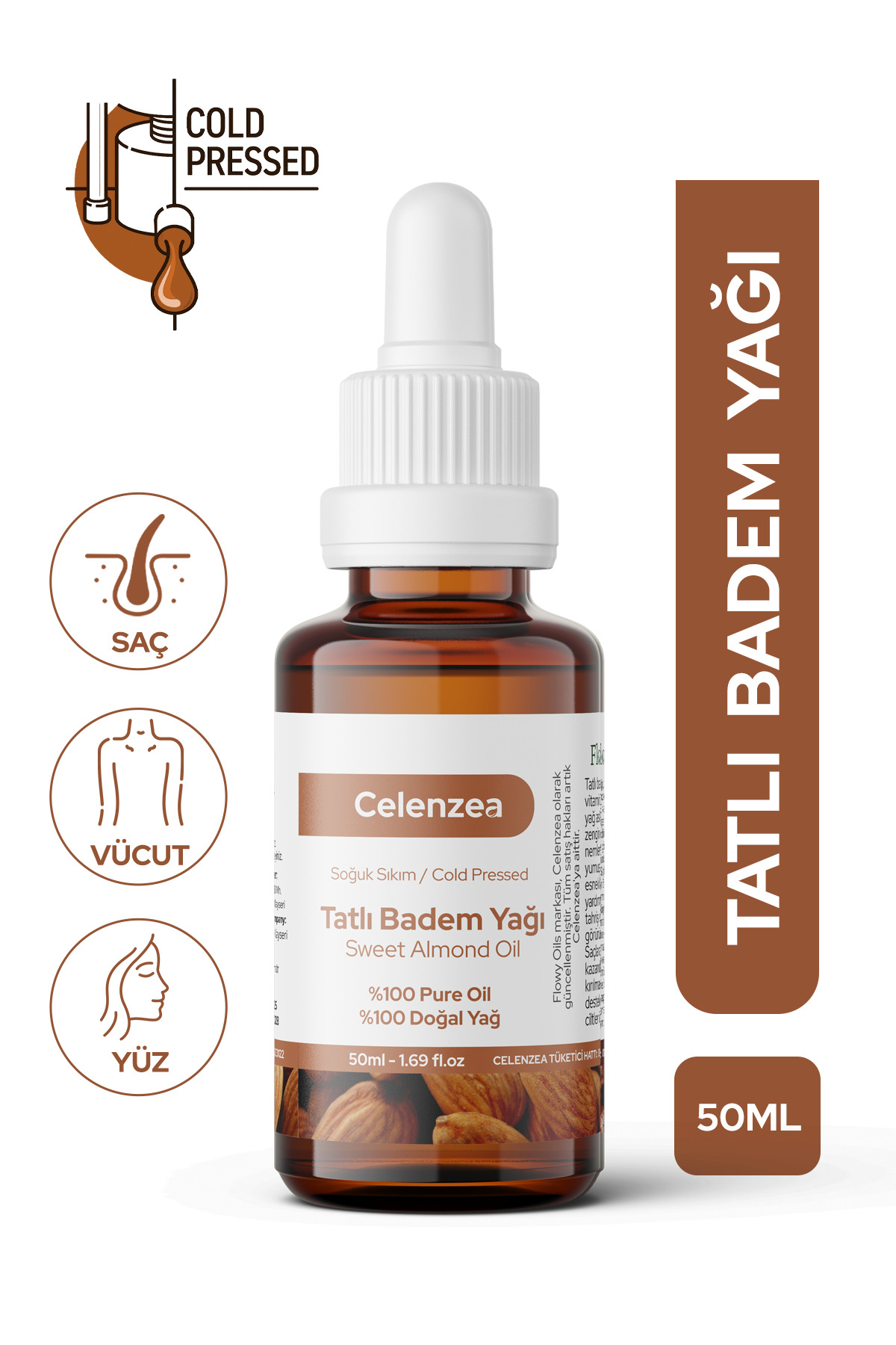 Celenzea Tatlı Badem Yağı %100 Doğal Bitkisel Sabit Yağ Sweet Almond Oil 50 ml — TYC005476761101