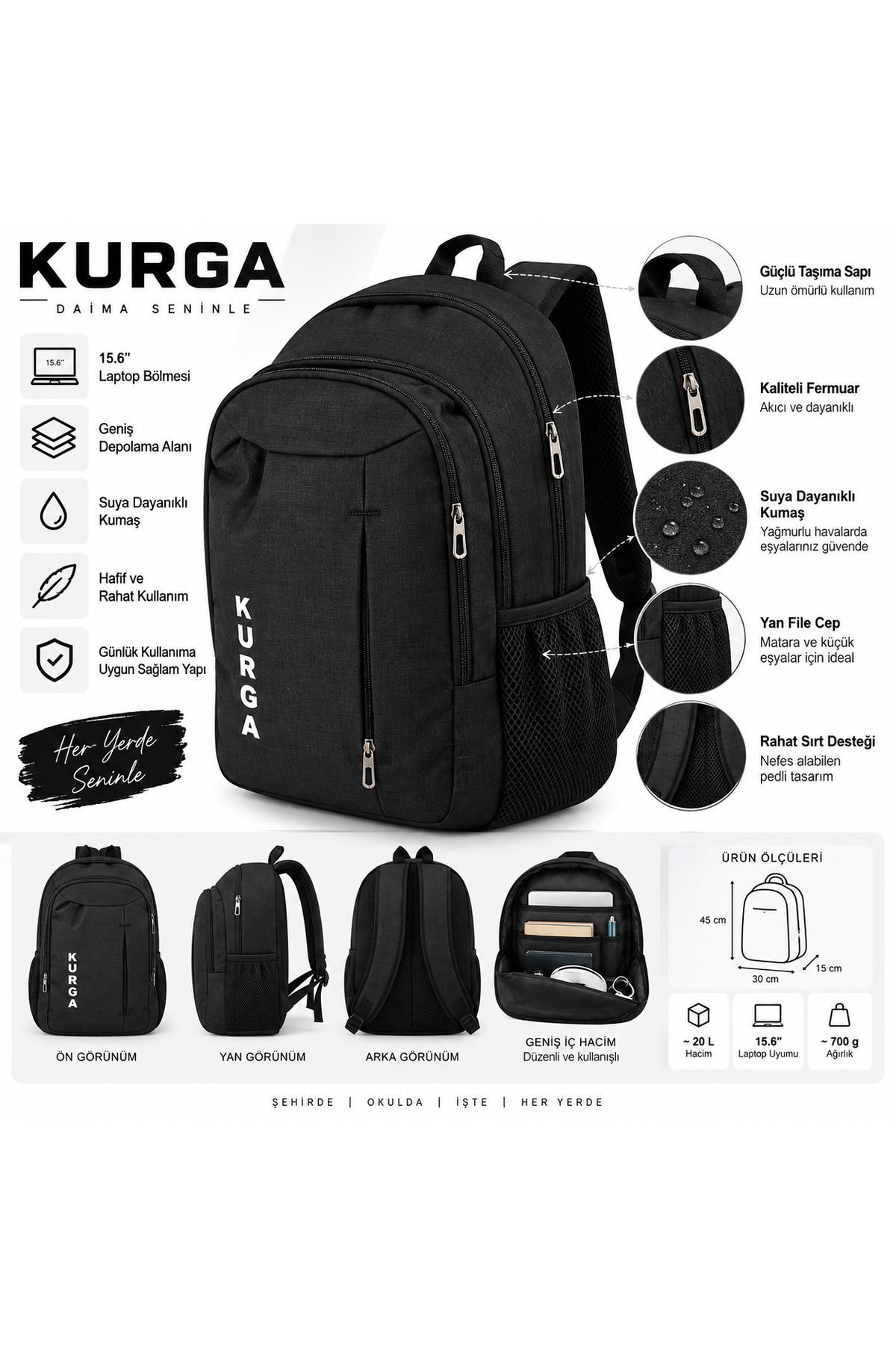 kurga Escape 15.6” Sırt Çantası – Suya Dayanıklı, Çok Bölmeli, Günlük ve Okul Sırt Çantası