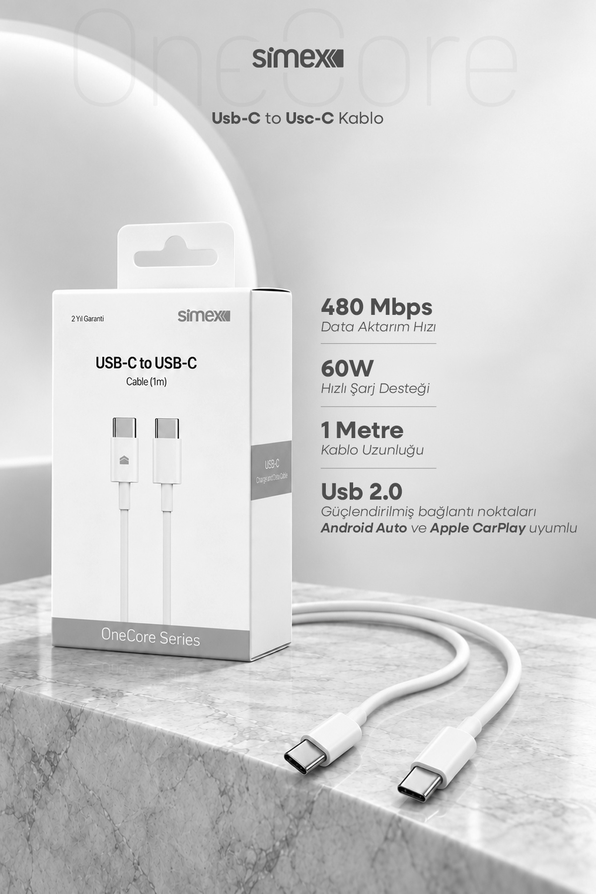 کابل شارژ سریع TYPE-C به TYPE-C 60W سازگار با iPhone، Samsung و Xiaomi با پشتیبانی از Carplay طول 1 متر رنگ سفید
