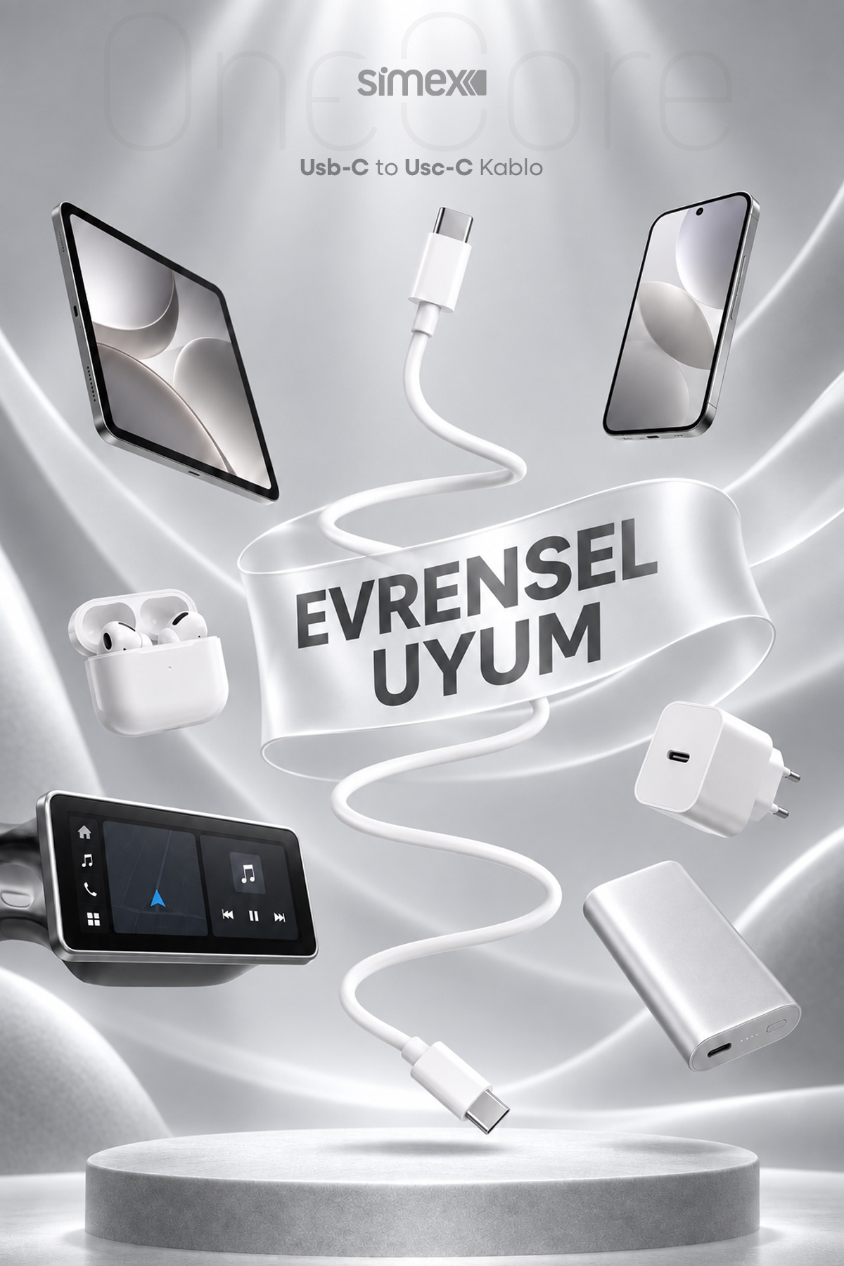 کابل شارژ سریع TYPE-C به TYPE-C 60W سازگار با iPhone، Samsung و Xiaomi با پشتیبانی از Carplay طول 1 متر رنگ سفید
