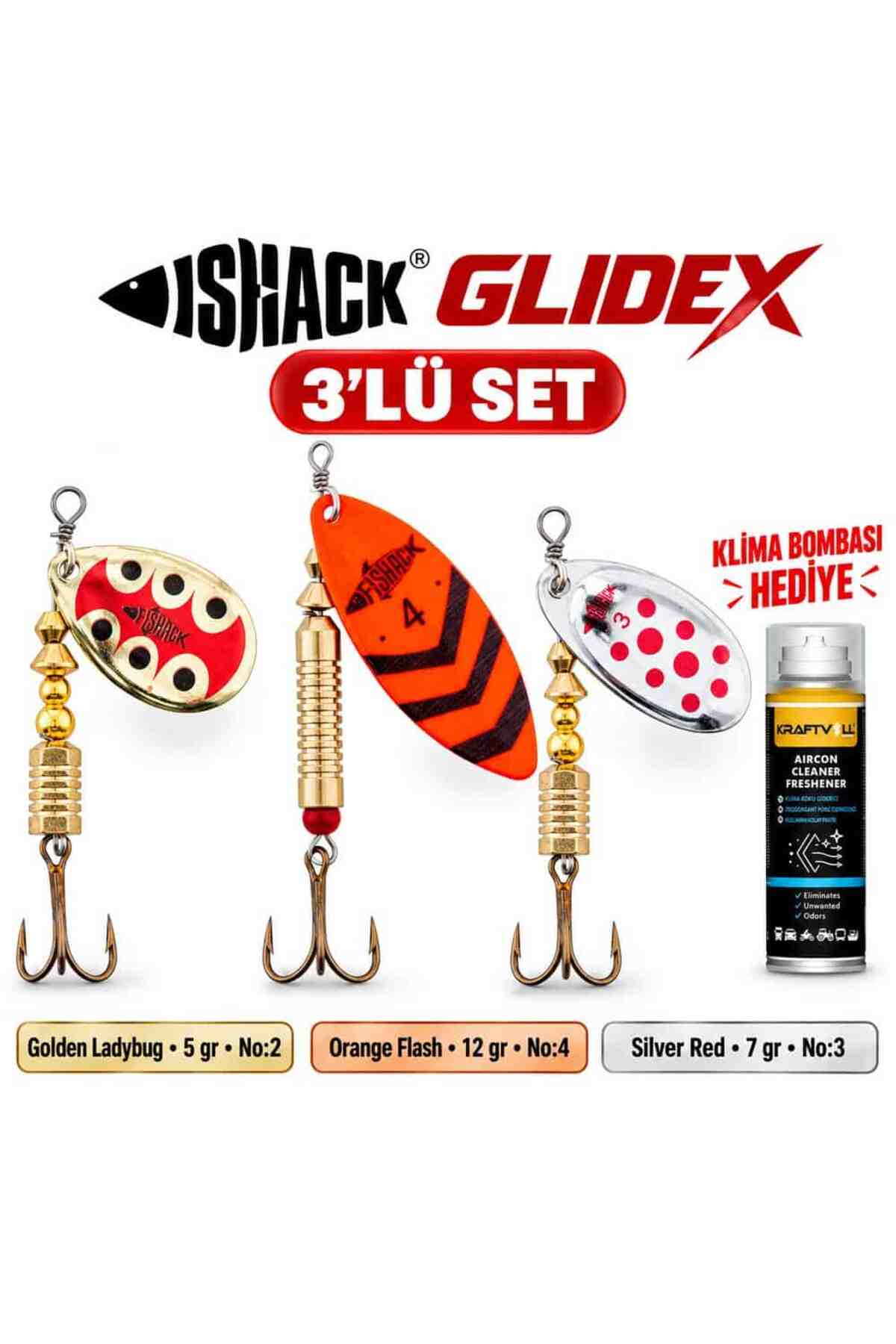 GlideX 3'lü Döner Kaşık Seti + Klima Bombası Hediye - Golden Ladybug 5 gr No:2 + Orange Flas