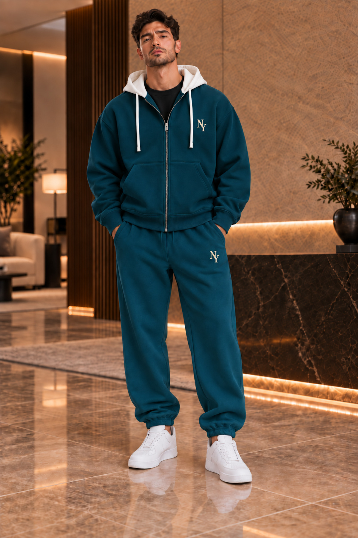 Premium Unisex Baskılı Kapüşonlu Fermuarlı Hırka Eşofman Takımı 3 İplik Şardonlu — آبی FECCY-F.KAPŞON-JOGGER-KOMBİN-02 — تصویر 2 از 5